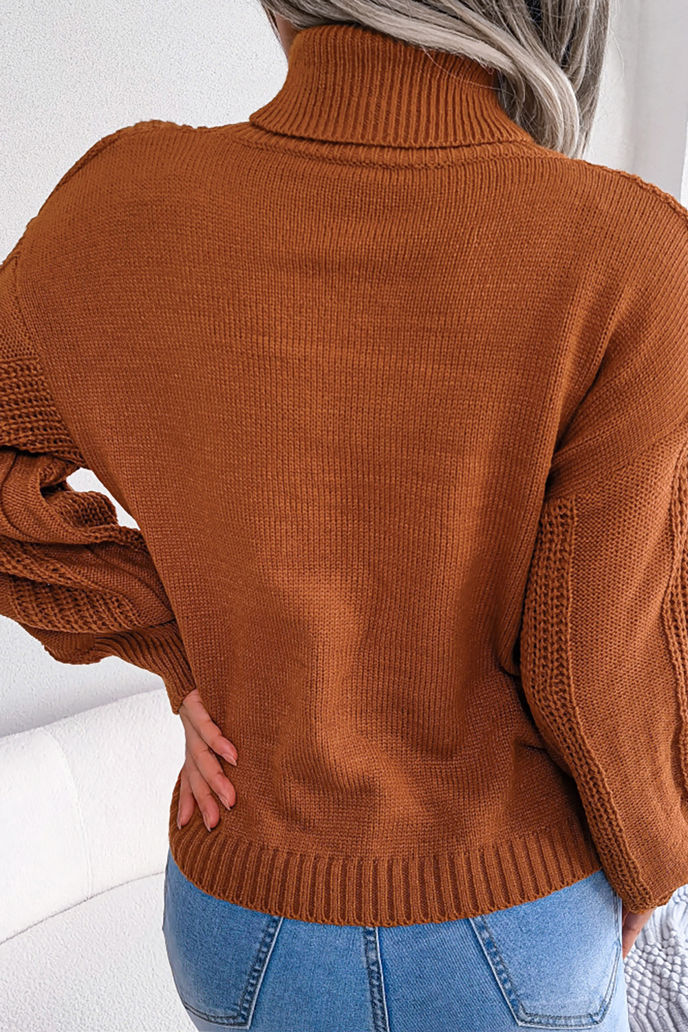 Turtleneck Lantern Sleeve Cable-Knit European-Style Loose-Fit Sweater