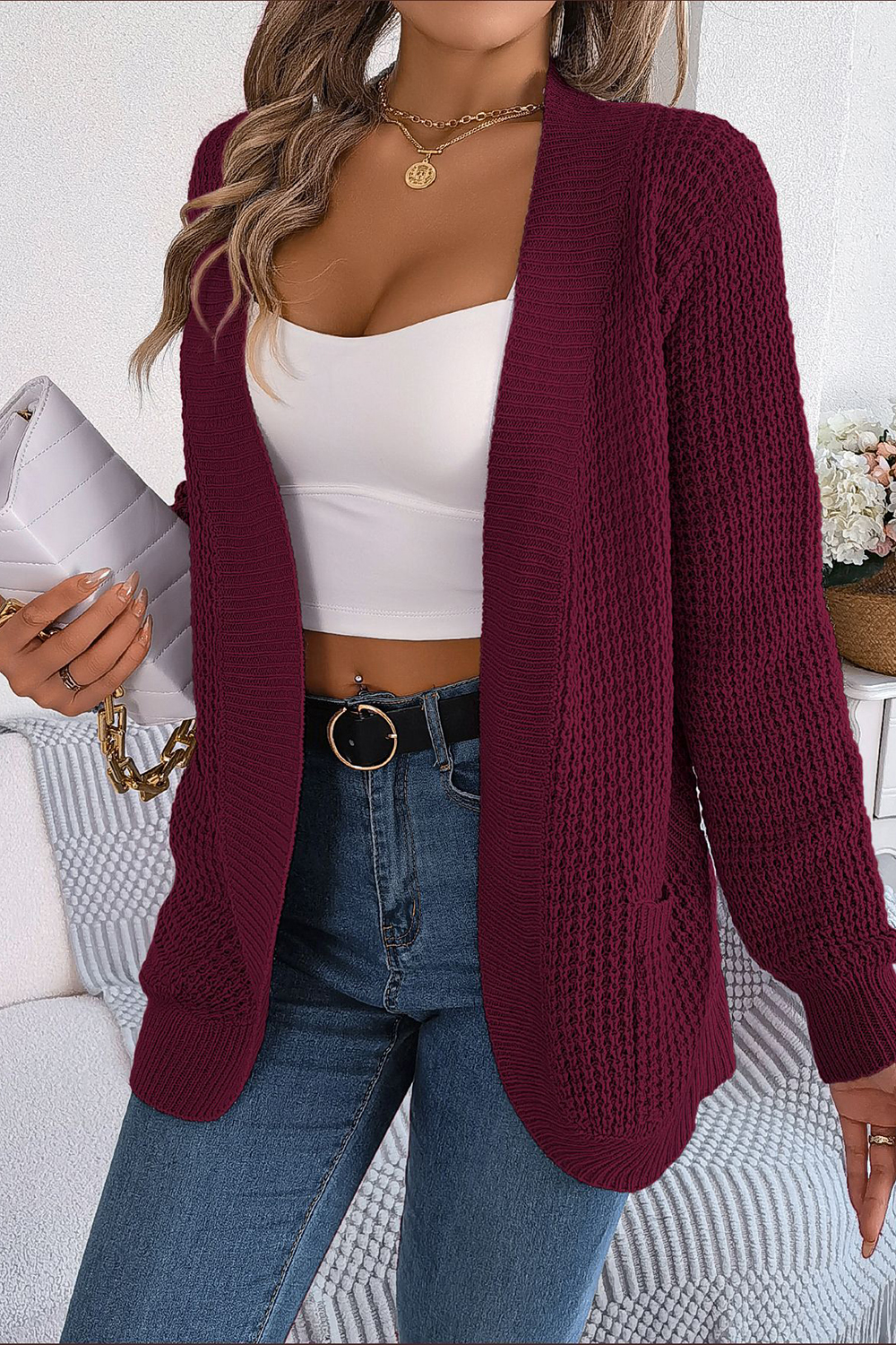 Open-Front No-Collar Long Sleeve Loose-Fit Cardigan Sweater
