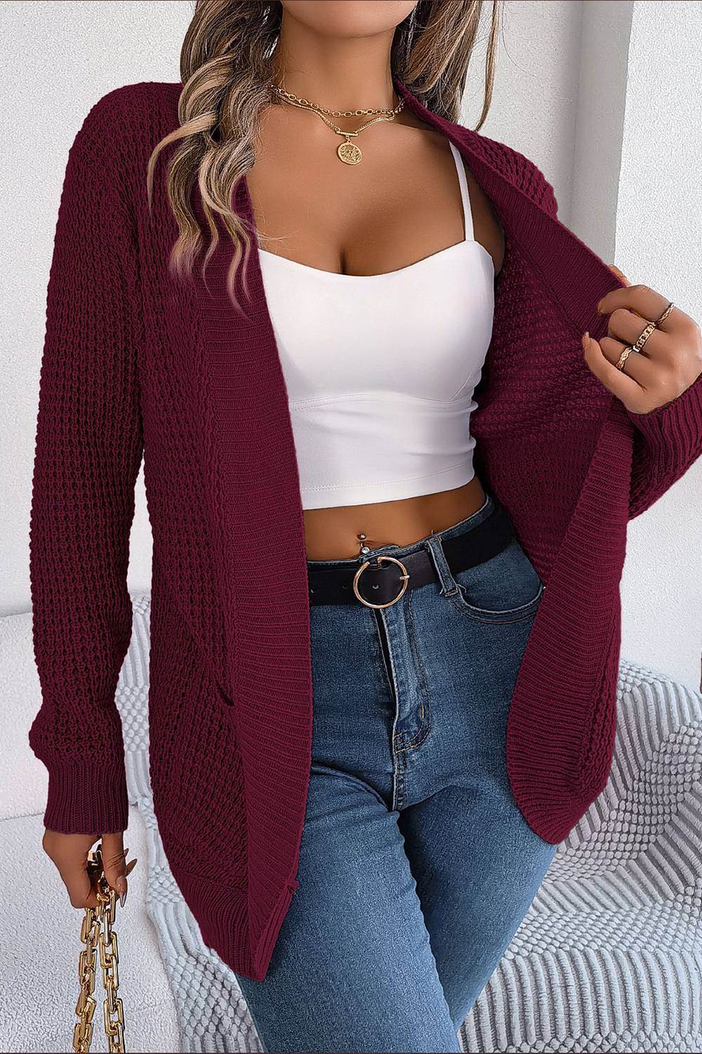 Open-Front No-Collar Long Sleeve Loose-Fit Cardigan Sweater