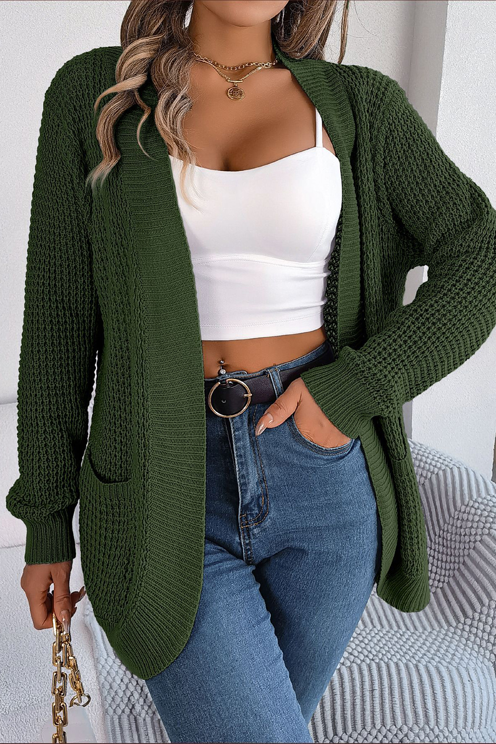 Open-Front No-Collar Long Sleeve Loose-Fit Cardigan Sweater