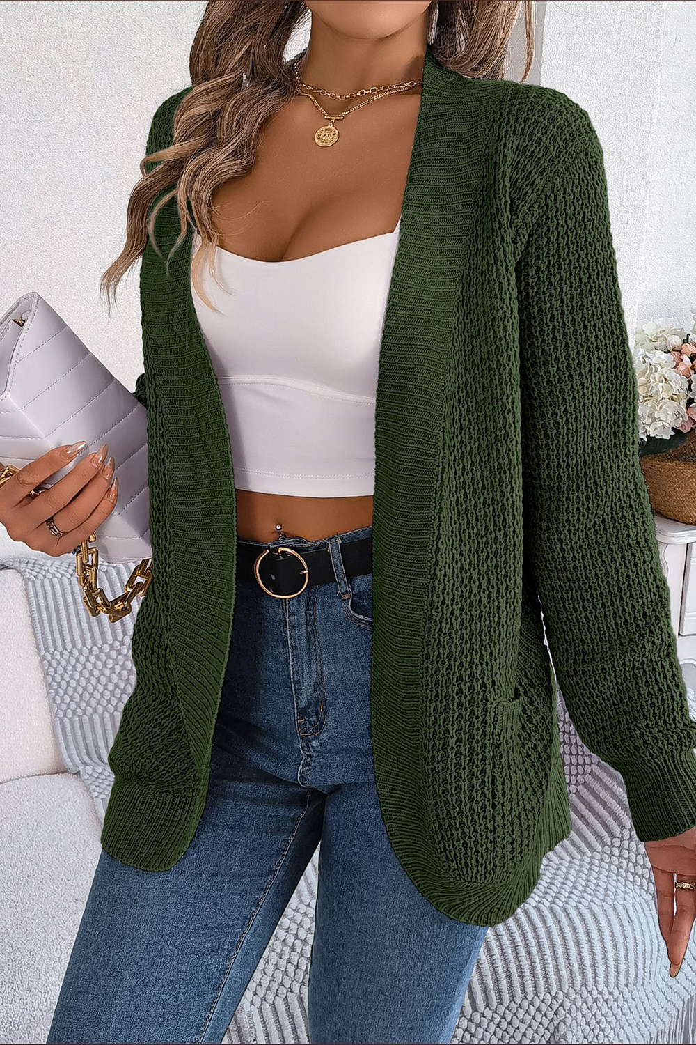 Open-Front No-Collar Long Sleeve Loose-Fit Cardigan Sweater