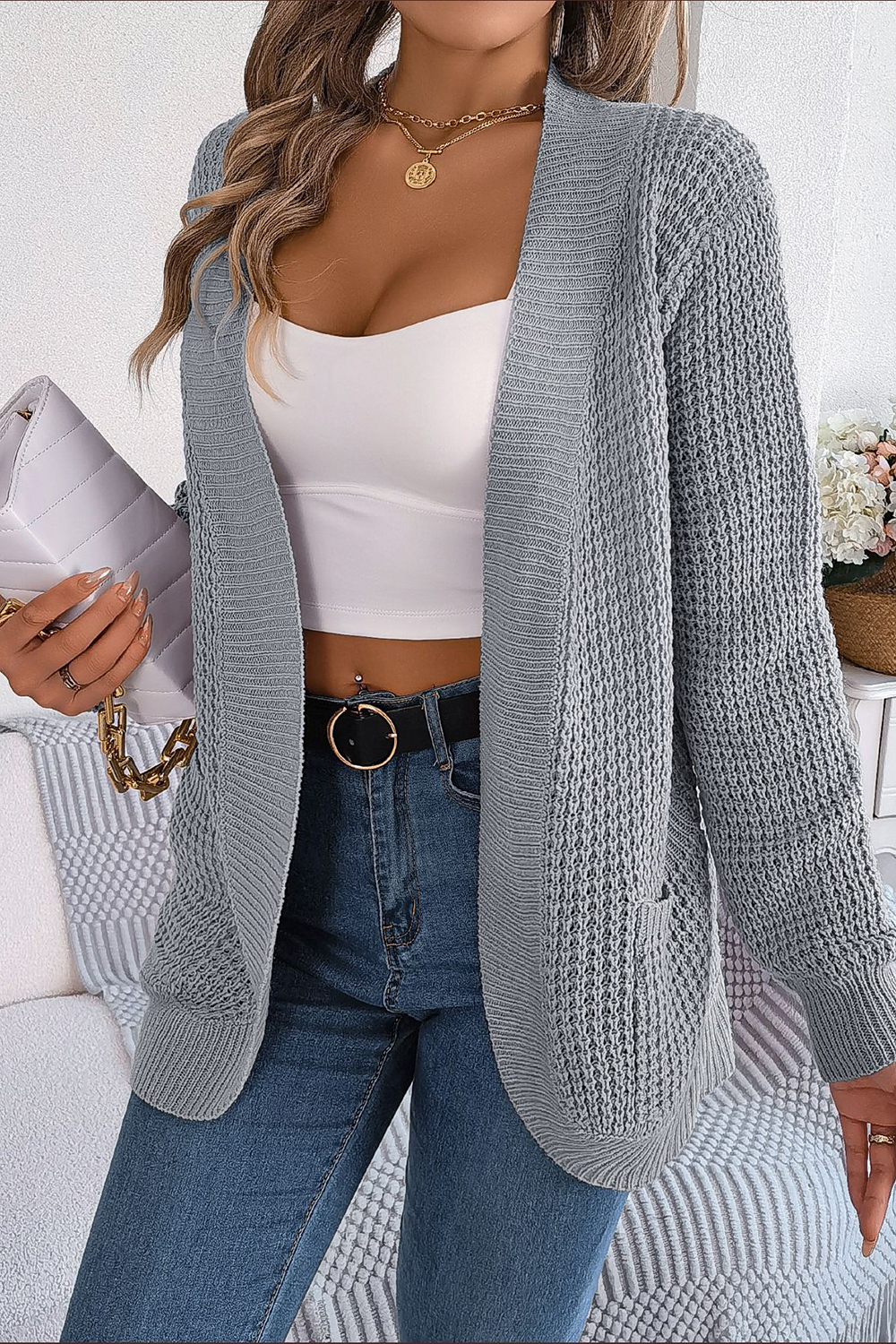 Open-Front No-Collar Long Sleeve Loose-Fit Cardigan Sweater