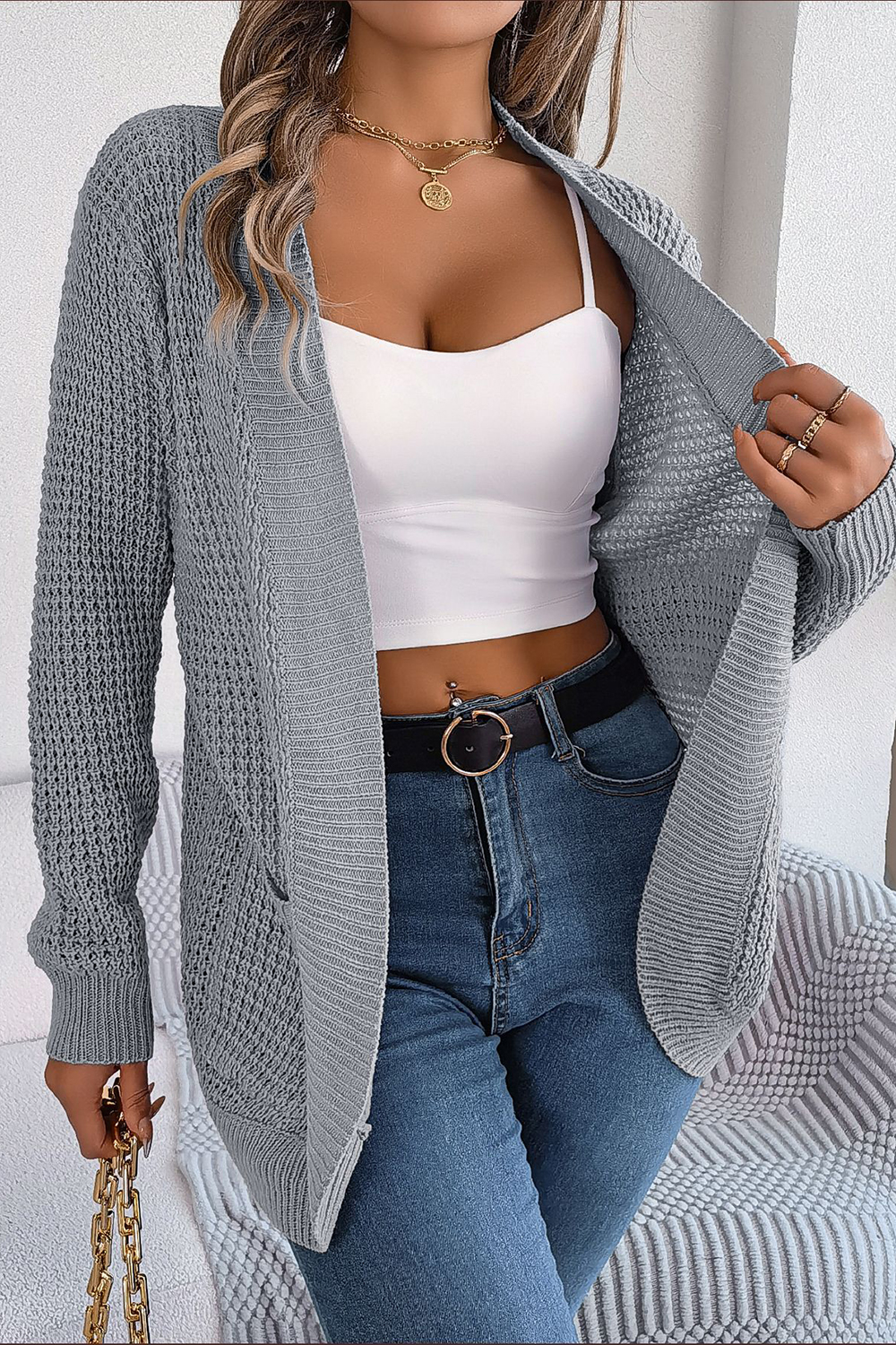 Open-Front No-Collar Long Sleeve Loose-Fit Cardigan Sweater