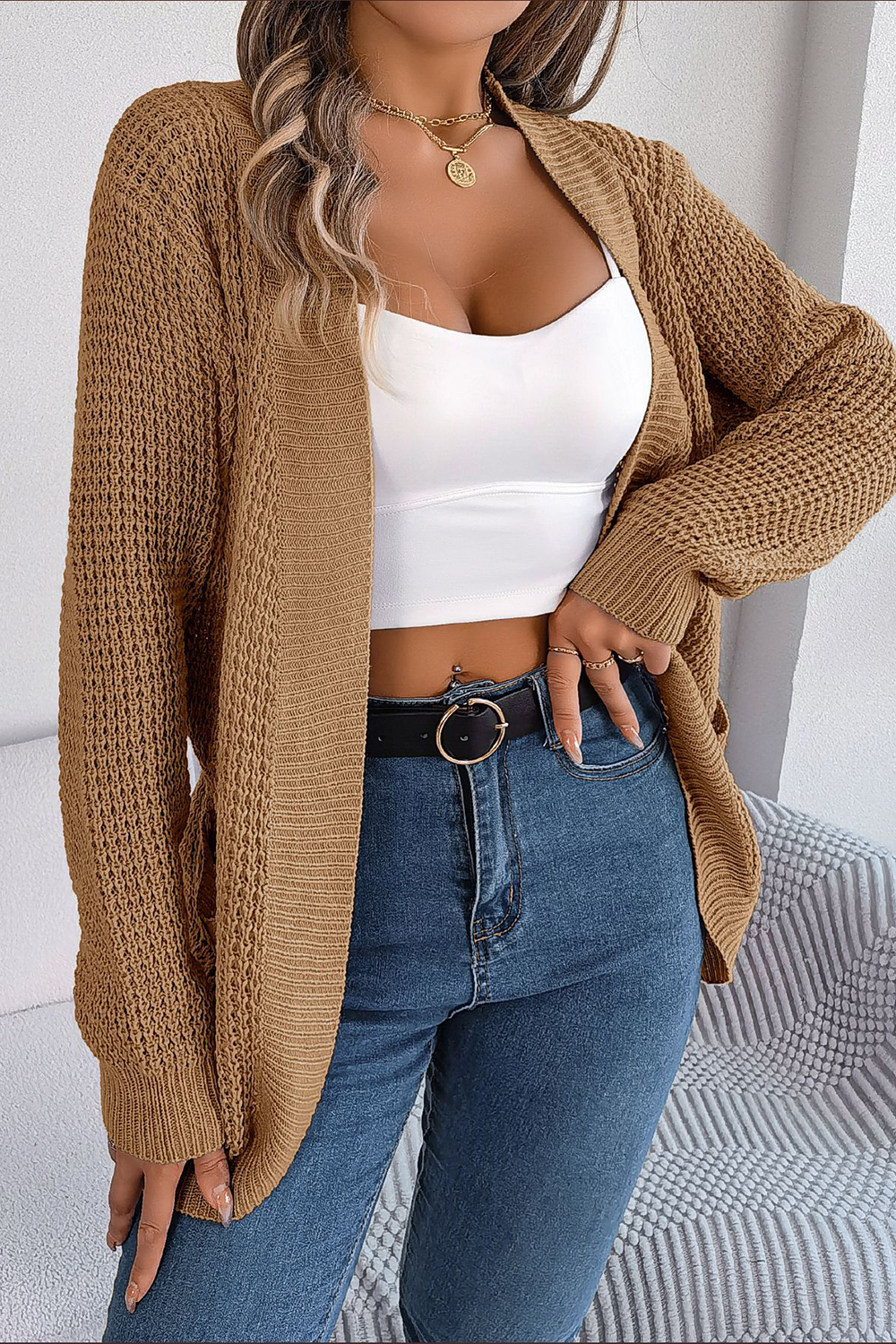 Open-Front No-Collar Long Sleeve Loose-Fit Cardigan Sweater