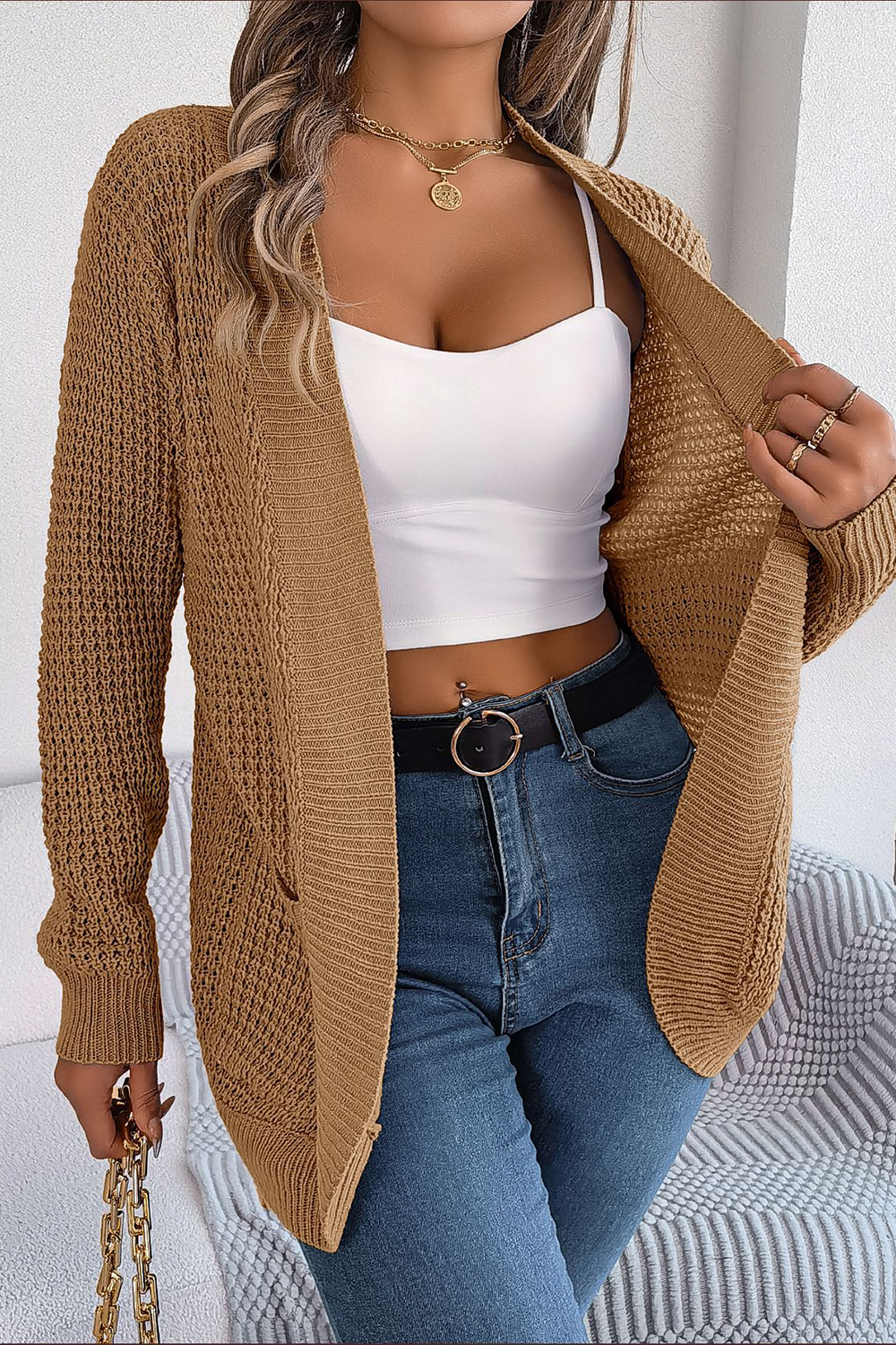 Open-Front No-Collar Long Sleeve Loose-Fit Cardigan Sweater