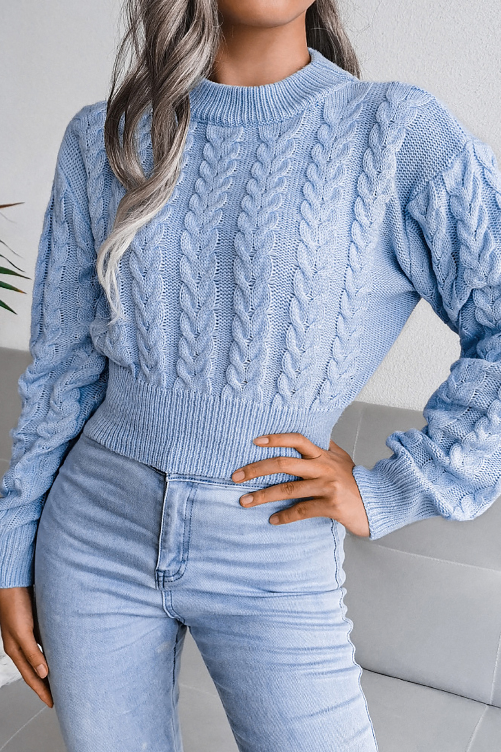 Slim-Fit Cropped Round-Neck Long Sleeve Sweater