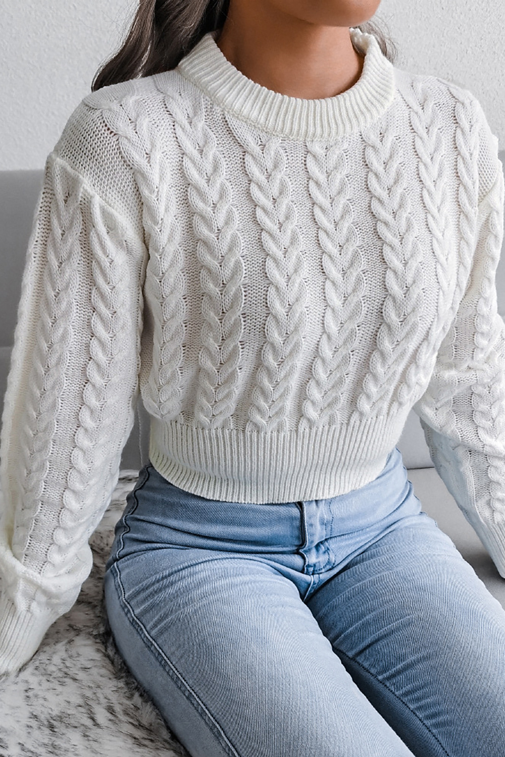 Slim-Fit Cropped Round-Neck Long Sleeve Sweater