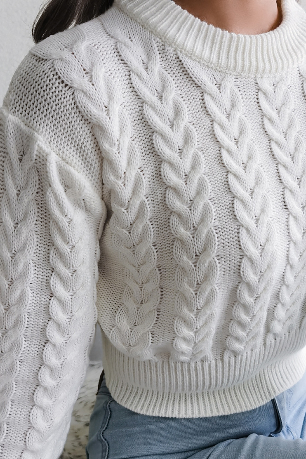 Slim-Fit Cropped Round-Neck Long Sleeve Sweater