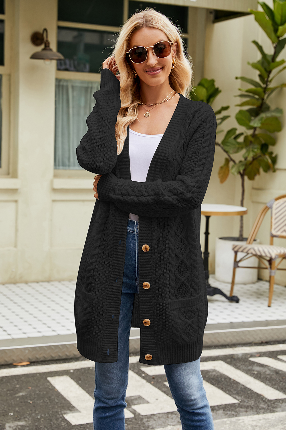 Button-Front Casual Long Sleeve Cable-Knit V-Neck Cardigan Sweater