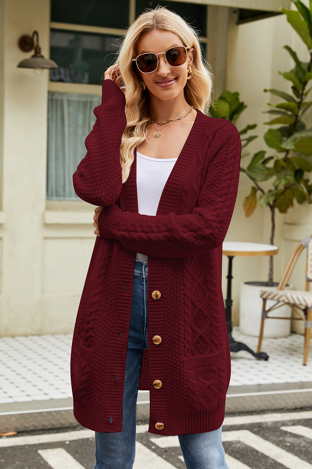 Button-Front Casual Long Sleeve Cable-Knit V-Neck Cardigan Sweater