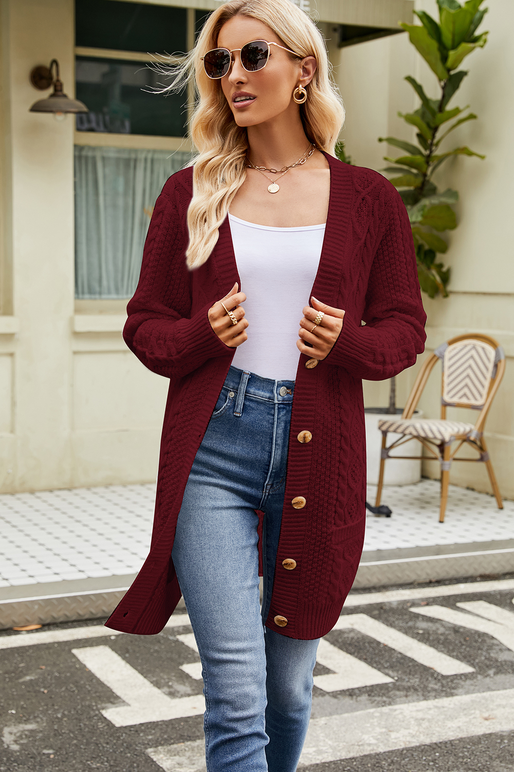 Button-Front Casual Long Sleeve Cable-Knit V-Neck Cardigan Sweater