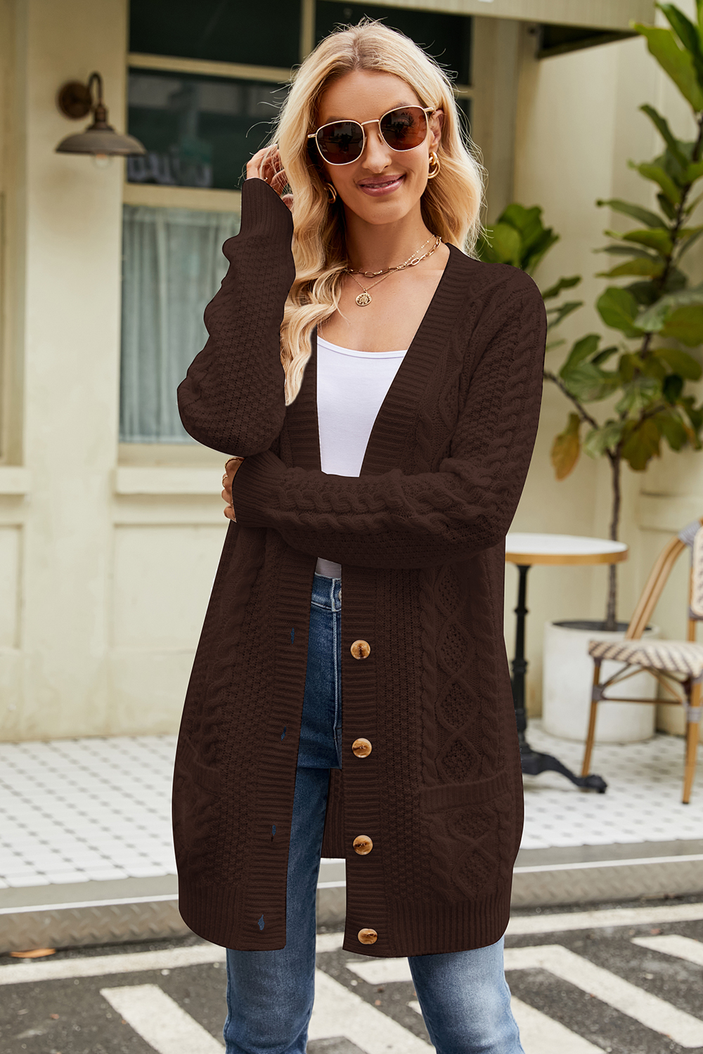 Button-Front Casual Long Sleeve Cable-Knit V-Neck Cardigan Sweater