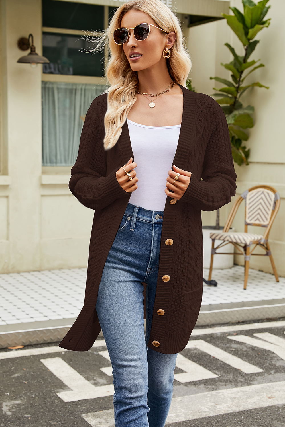 Button-Front Casual Long Sleeve Cable-Knit V-Neck Cardigan Sweater