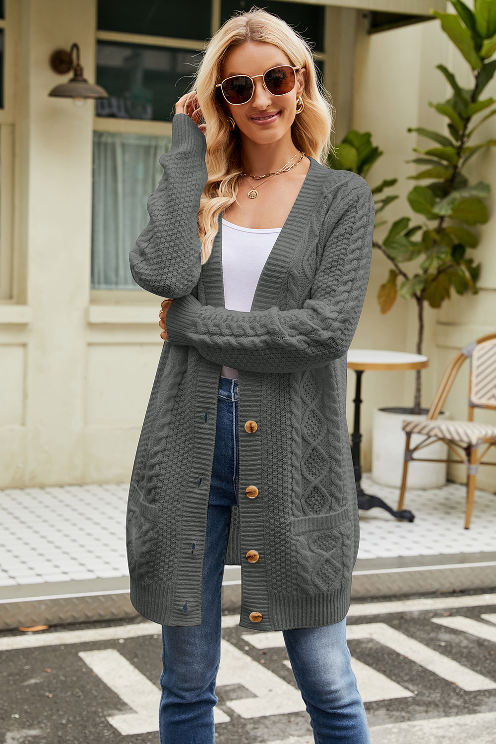 Button-Front Casual Long Sleeve Cable-Knit V-Neck Cardigan Sweater