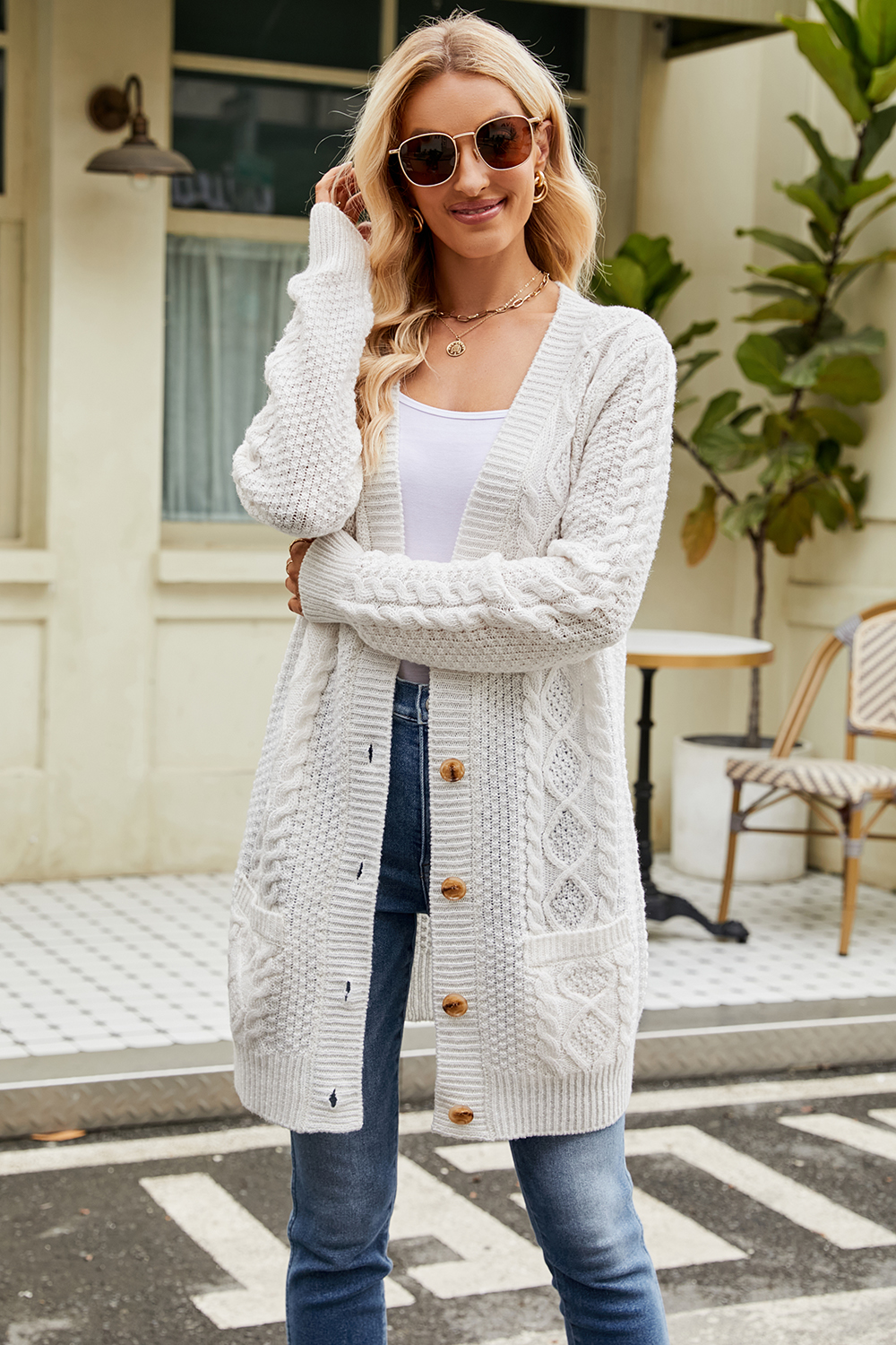 Button-Front Casual Long Sleeve Cable-Knit V-Neck Cardigan Sweater