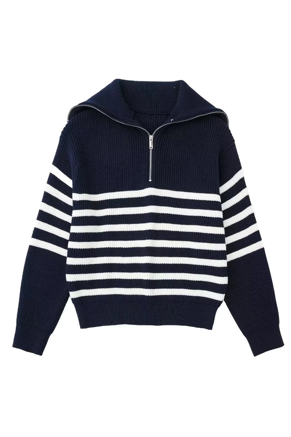 Striped Zip-Front Long Sleeve Loose-Fit Sweater