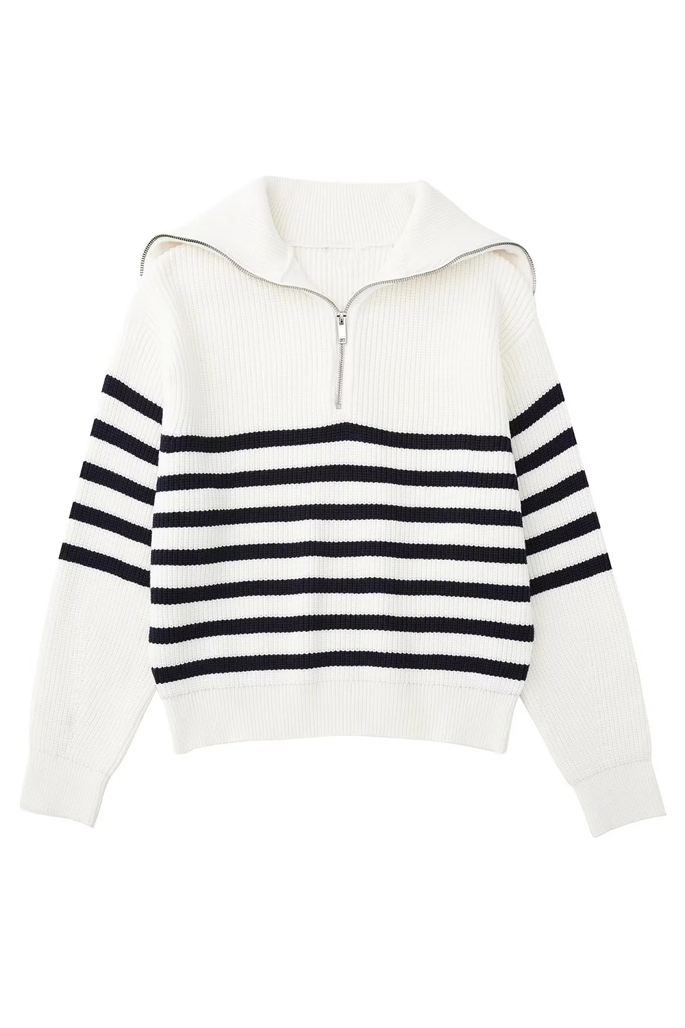 Striped Zip-Front Long Sleeve Loose-Fit Sweater