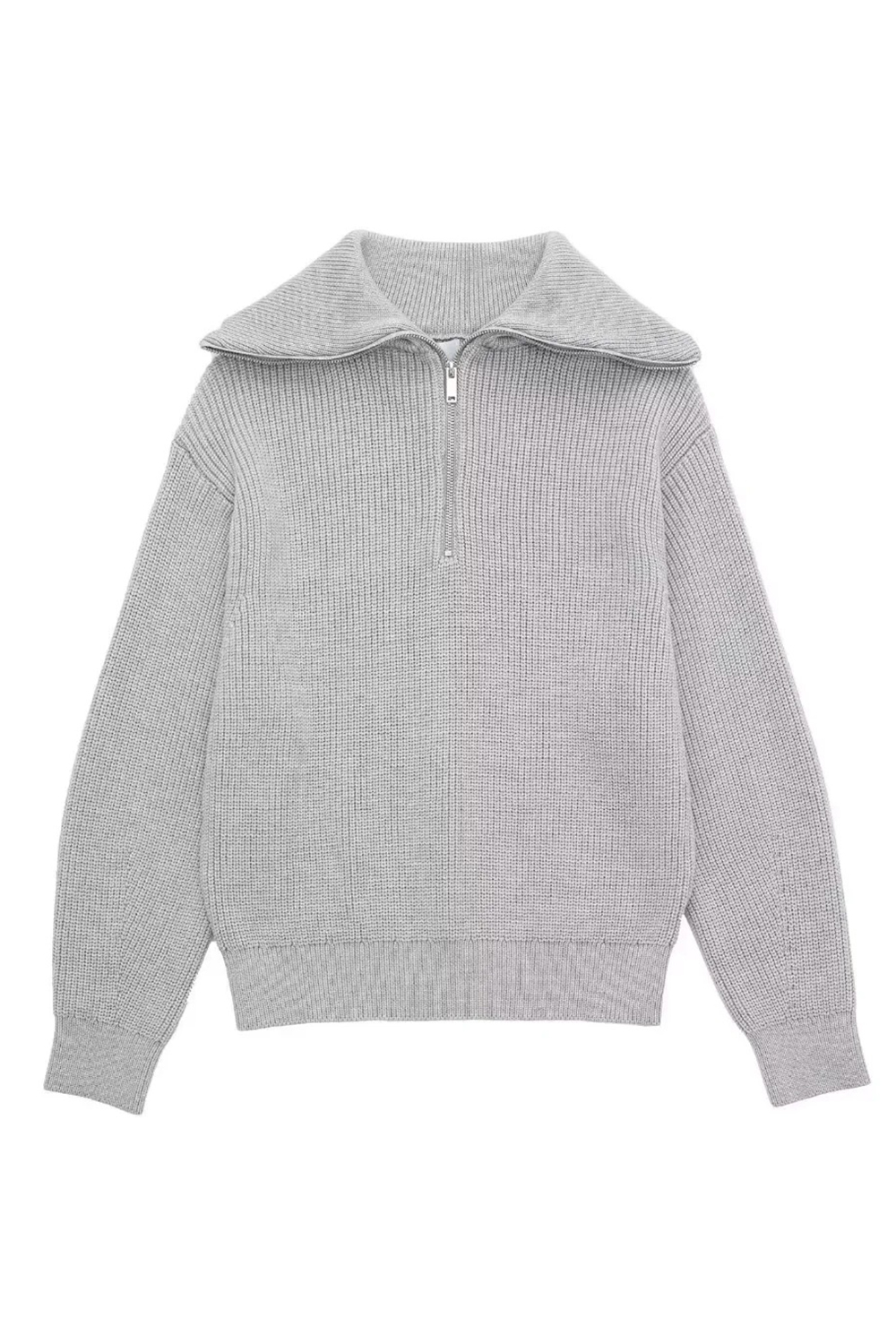 Zip-Front Loose-Fit Long Sleeve Striped Color-Block Sweater