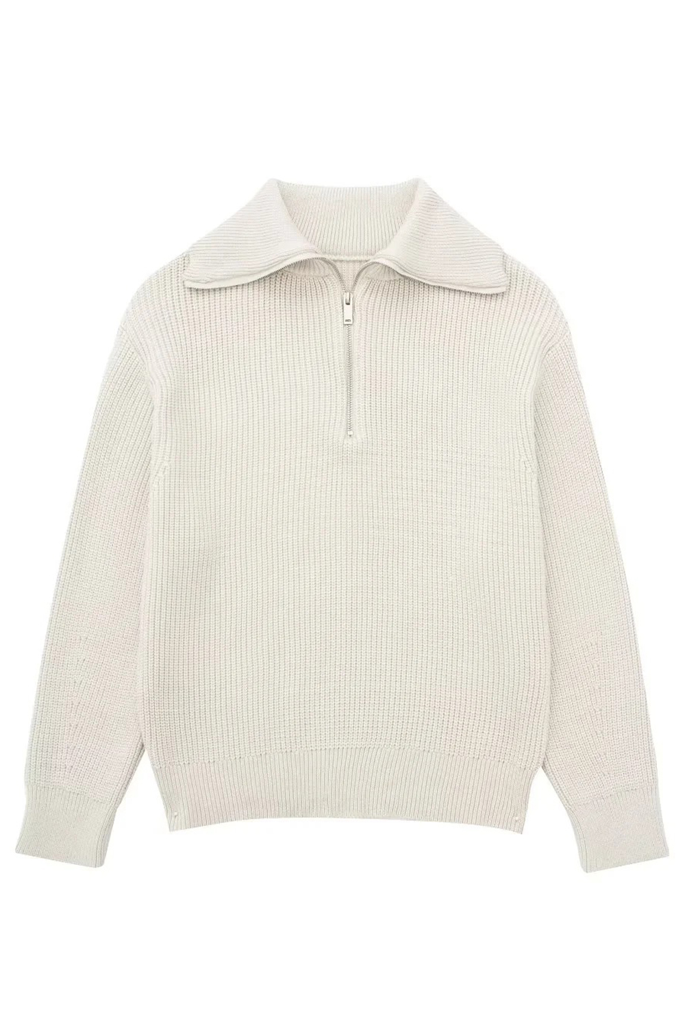 Zip-Front Loose-Fit Long Sleeve Striped Color-Block Sweater