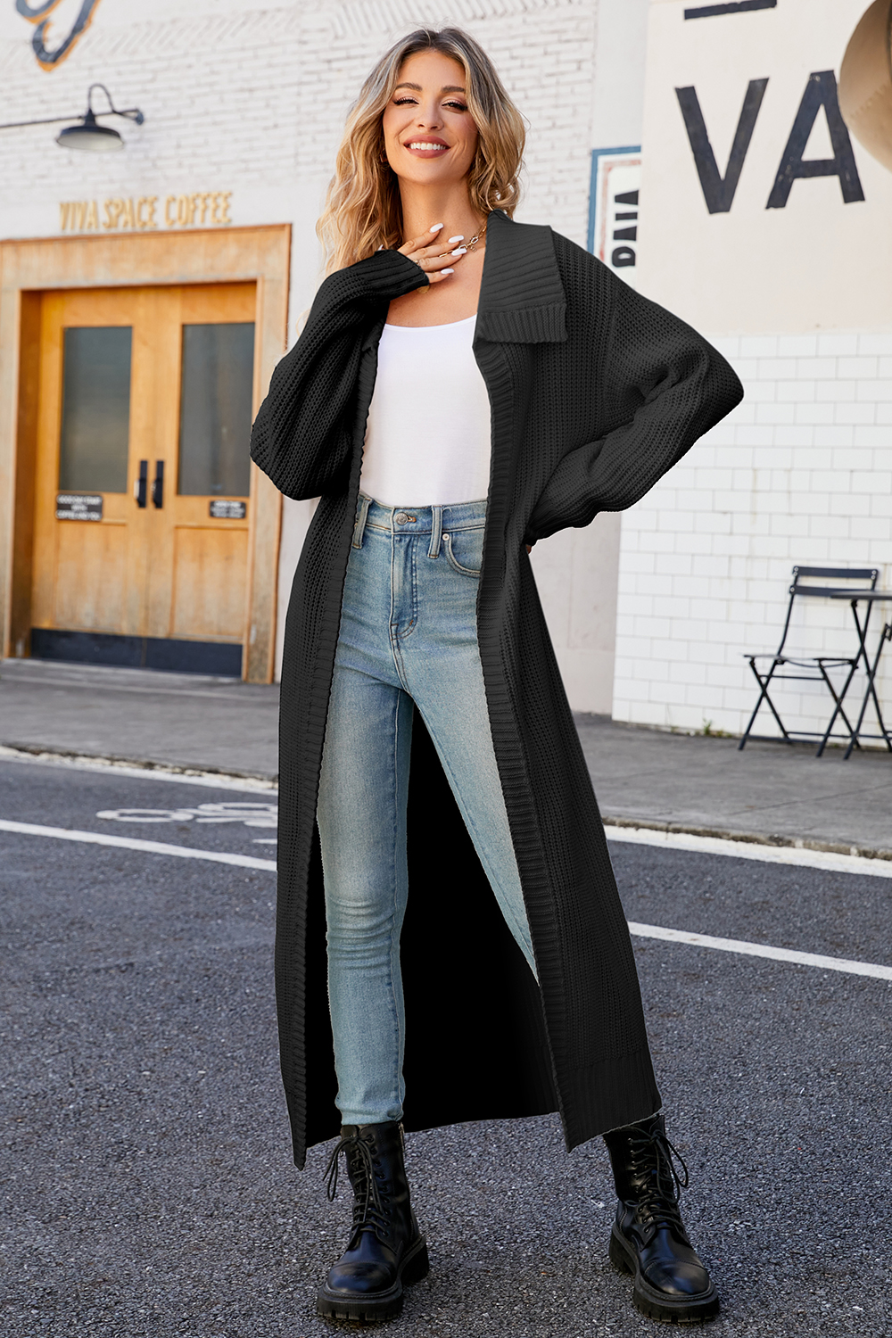 Acrylic Solid Color Collared Knit Straight-Leg Sweater Coat