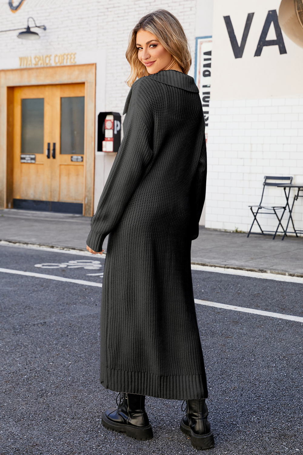 Acrylic Solid Color Collared Knit Straight-Leg Sweater Coat