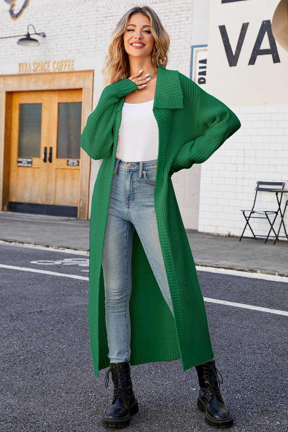 Acrylic Solid Color Collared Knit Straight-Leg Sweater Coat