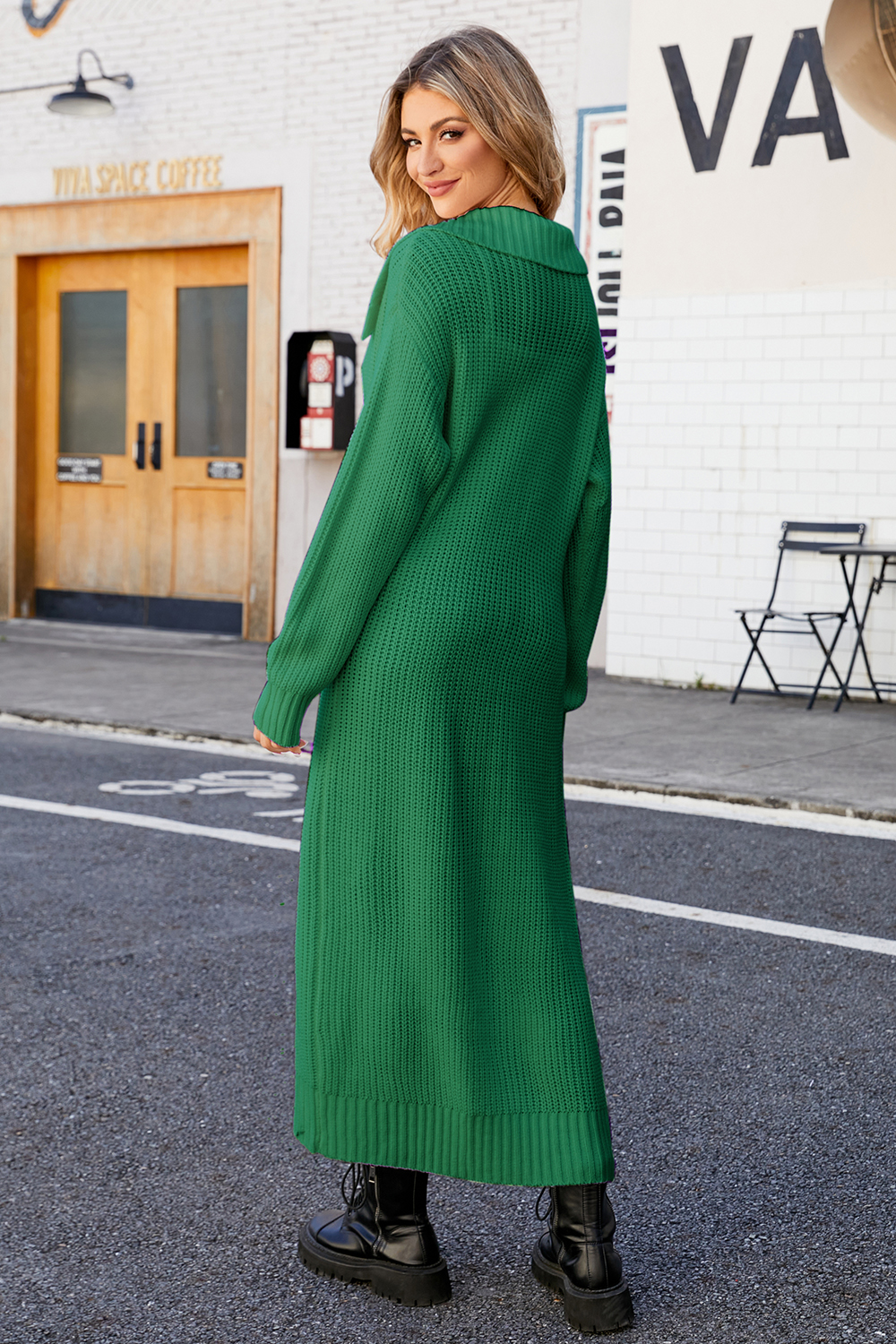 Acrylic Solid Color Collared Knit Straight-Leg Sweater Coat