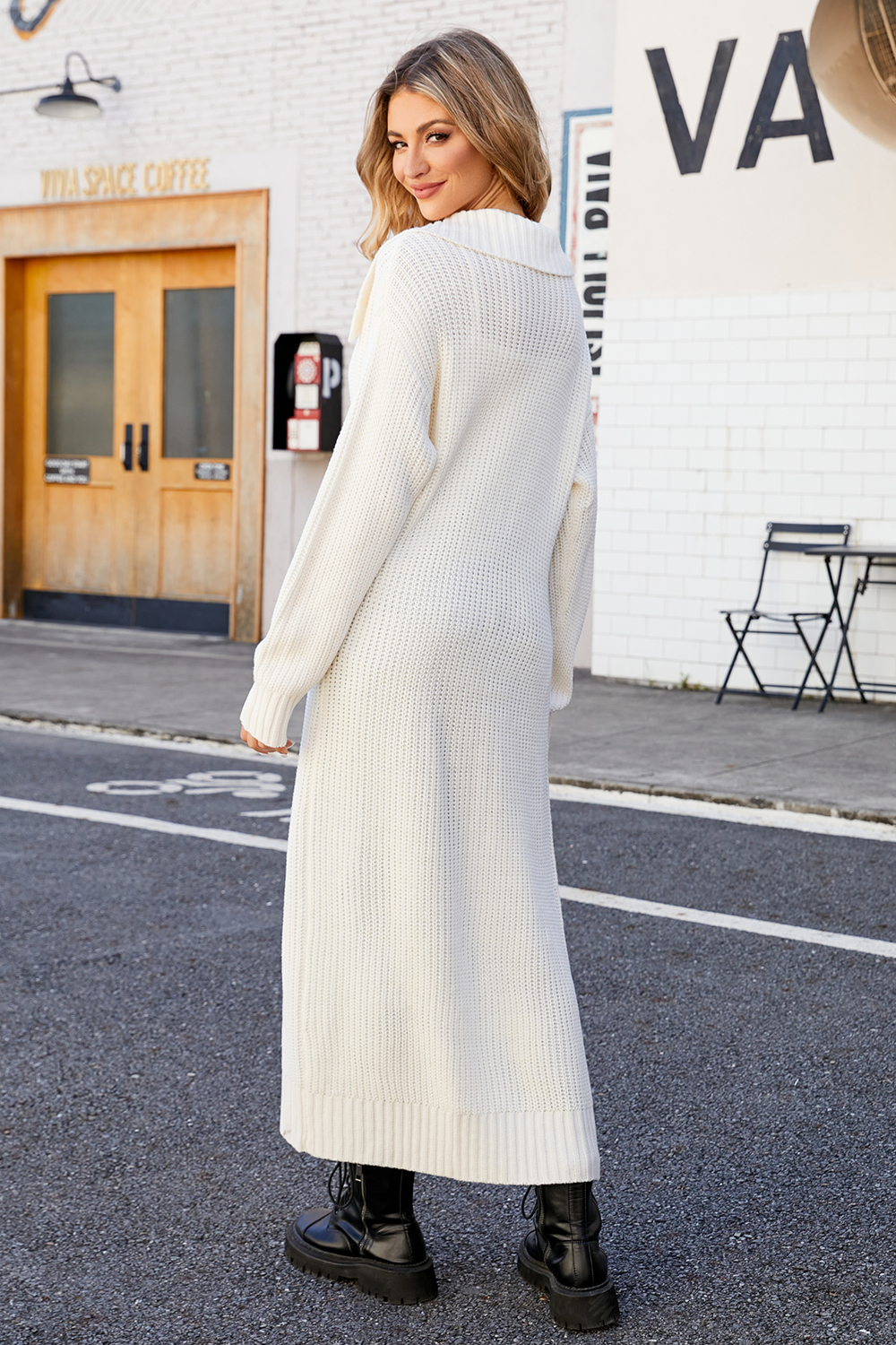 Acrylic Solid Color Collared Knit Straight-Leg Sweater Coat