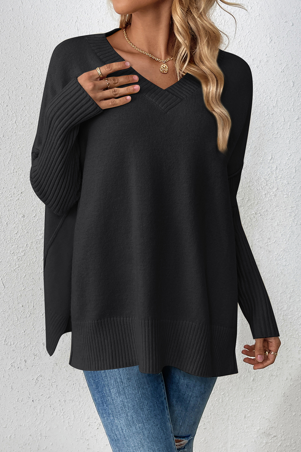 Long-Sleeve V-Neck Arctic Velvet Casual Sweater