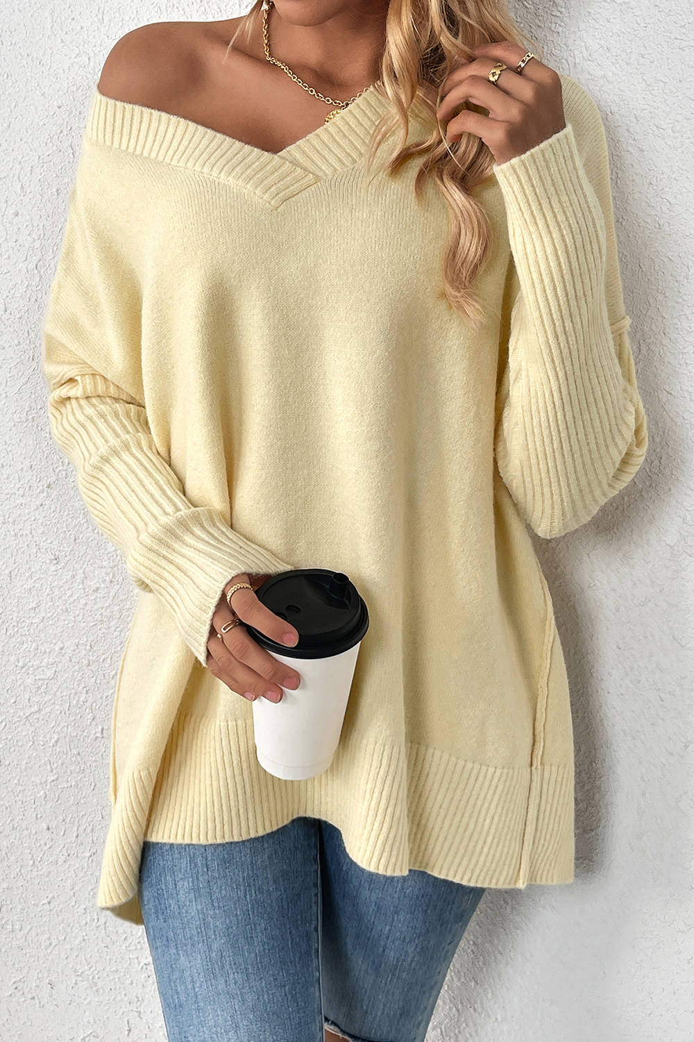 Long-Sleeve V-Neck Arctic Velvet Casual Sweater