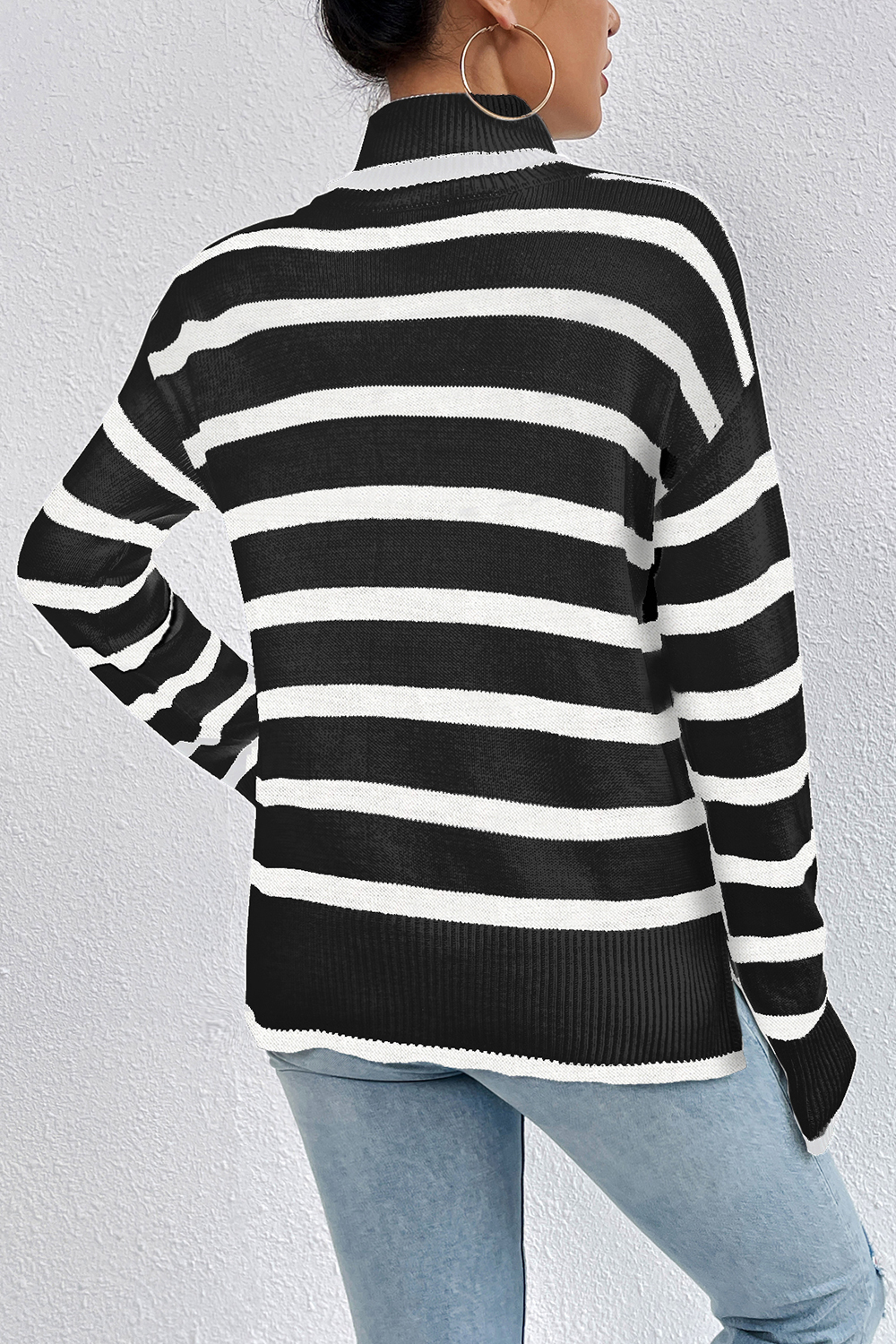 Slim-Fit Turtleneck Color-Block Elegant Striped Long-Sleeve Sweater