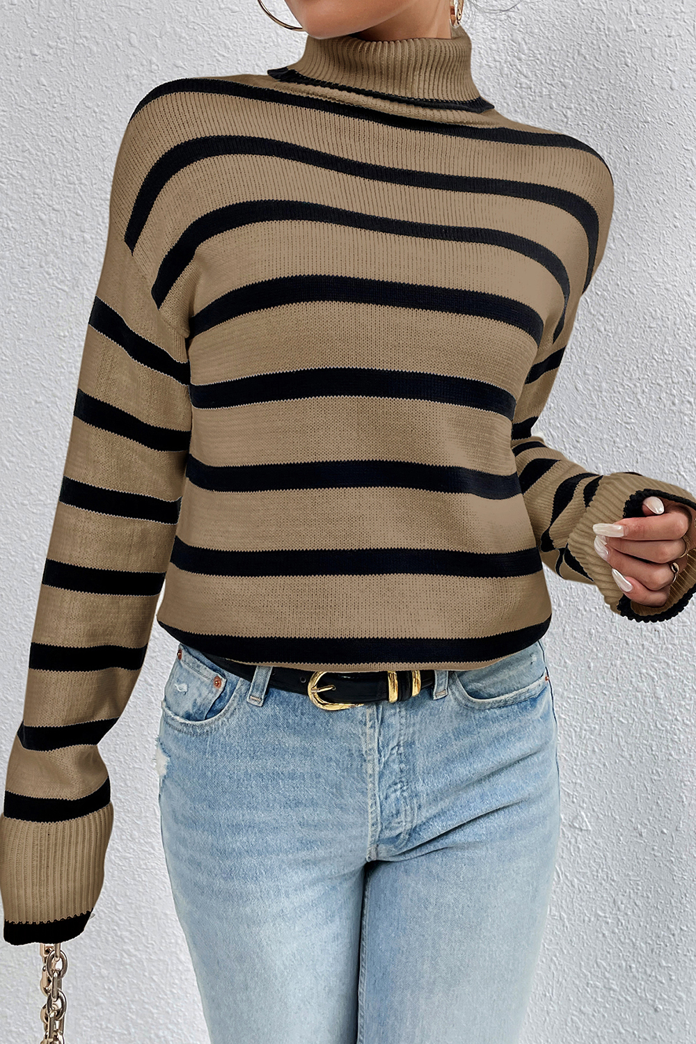 Slim-Fit Turtleneck Color-Block Elegant Striped Long-Sleeve Sweater