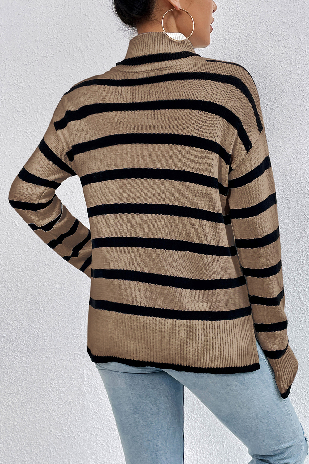 Slim-Fit Turtleneck Color-Block Elegant Striped Long-Sleeve Sweater