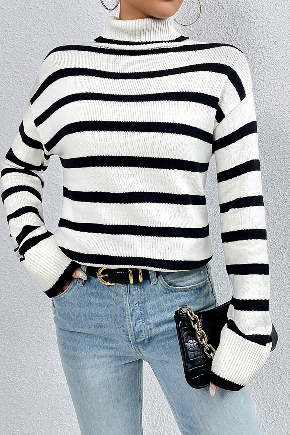Slim-Fit Turtleneck Color-Block Elegant Striped Long-Sleeve Sweater