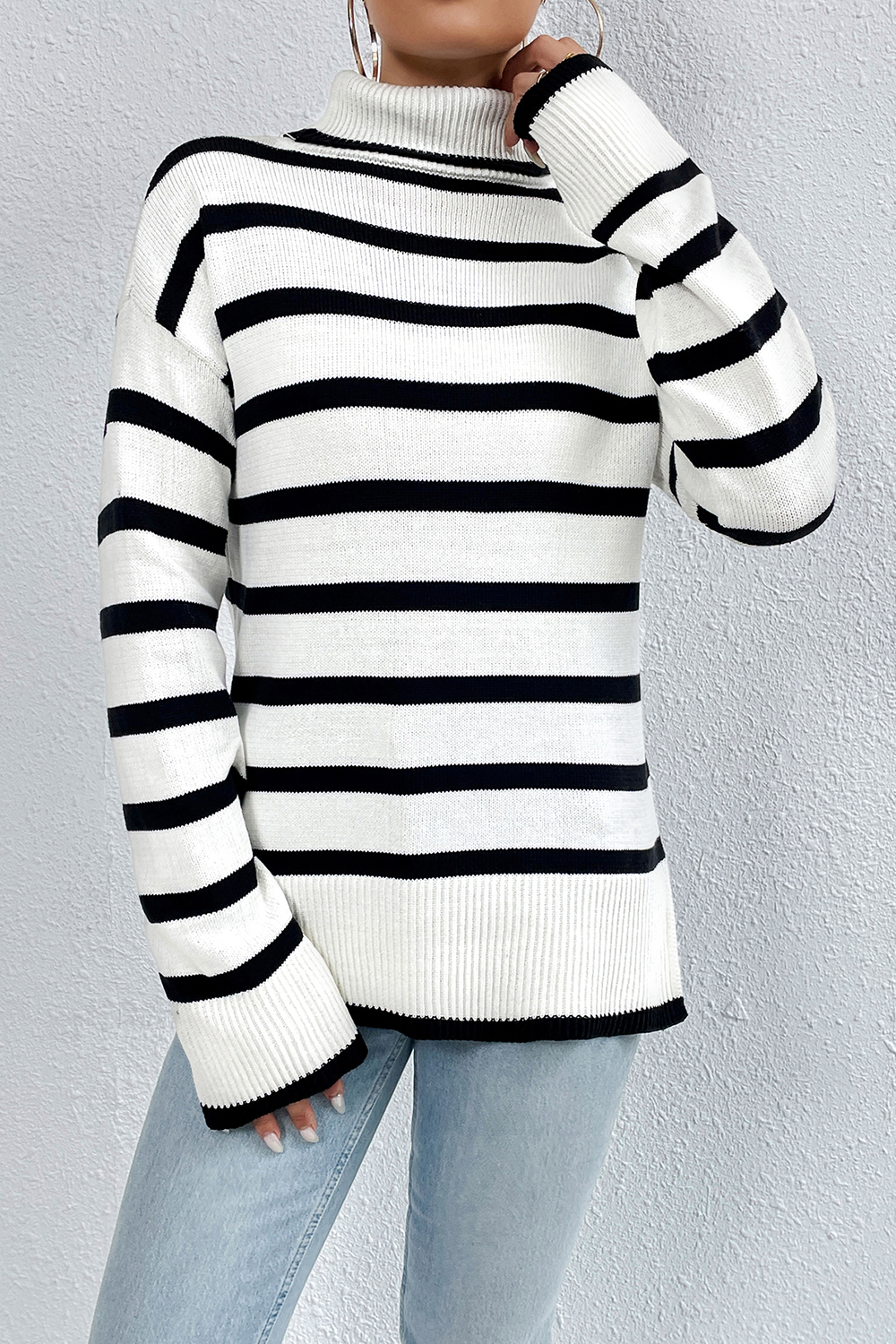 Slim-Fit Turtleneck Color-Block Elegant Striped Long-Sleeve Sweater