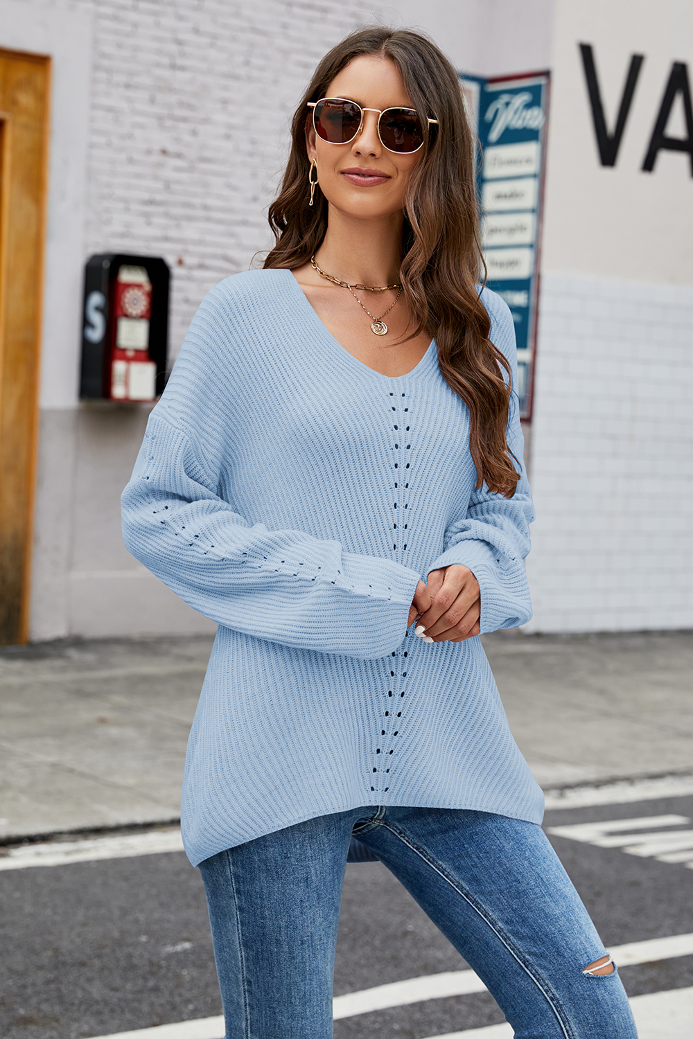 Long-Sleeve V-Neck Raglan Sleeve Loose-Fit Casual Sweater