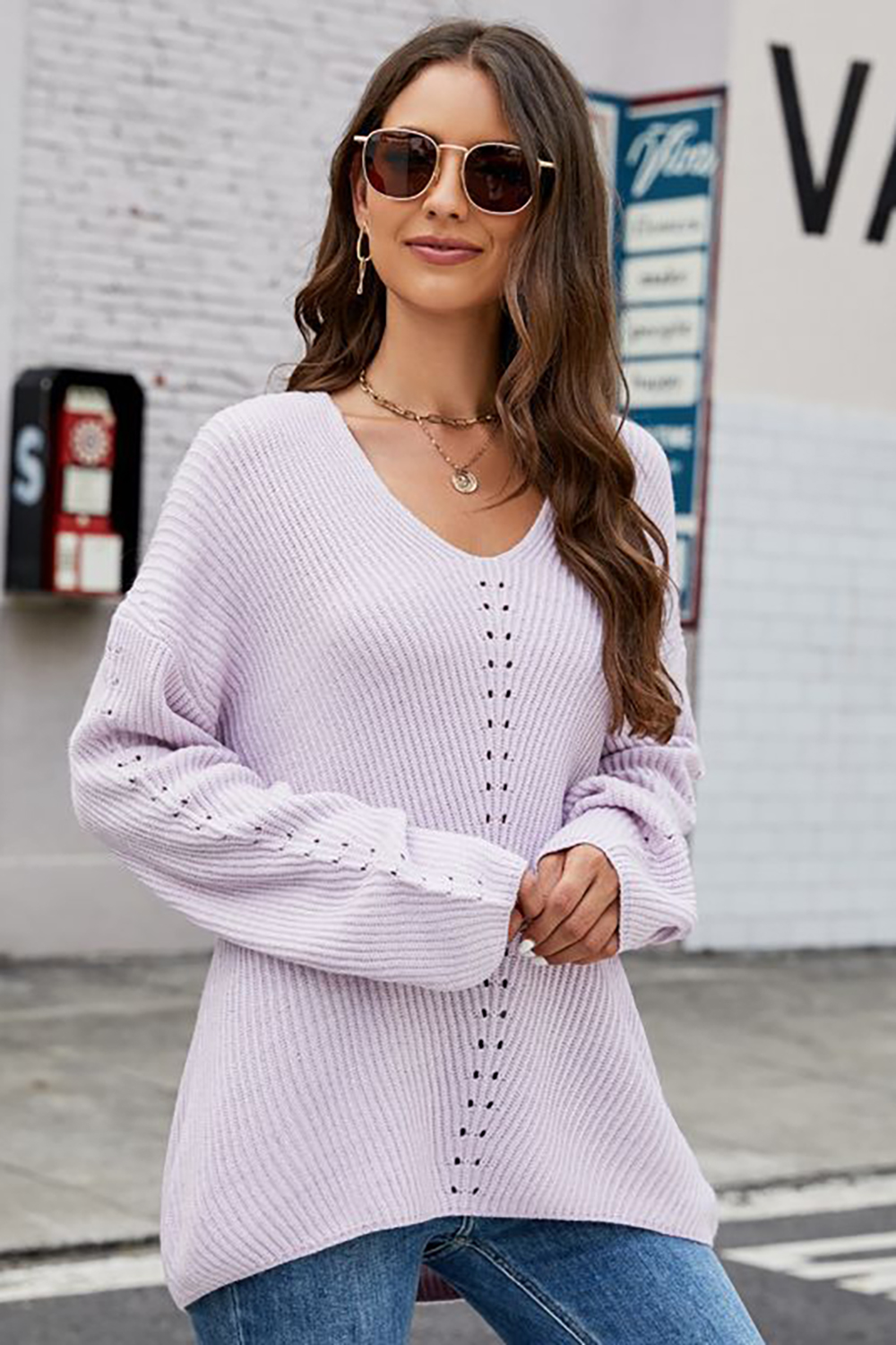 Long-Sleeve V-Neck Raglan Sleeve Loose-Fit Casual Sweater