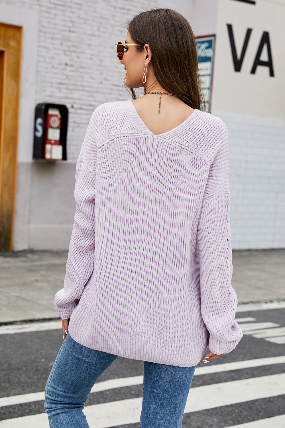 Long-Sleeve V-Neck Raglan Sleeve Loose-Fit Casual Sweater