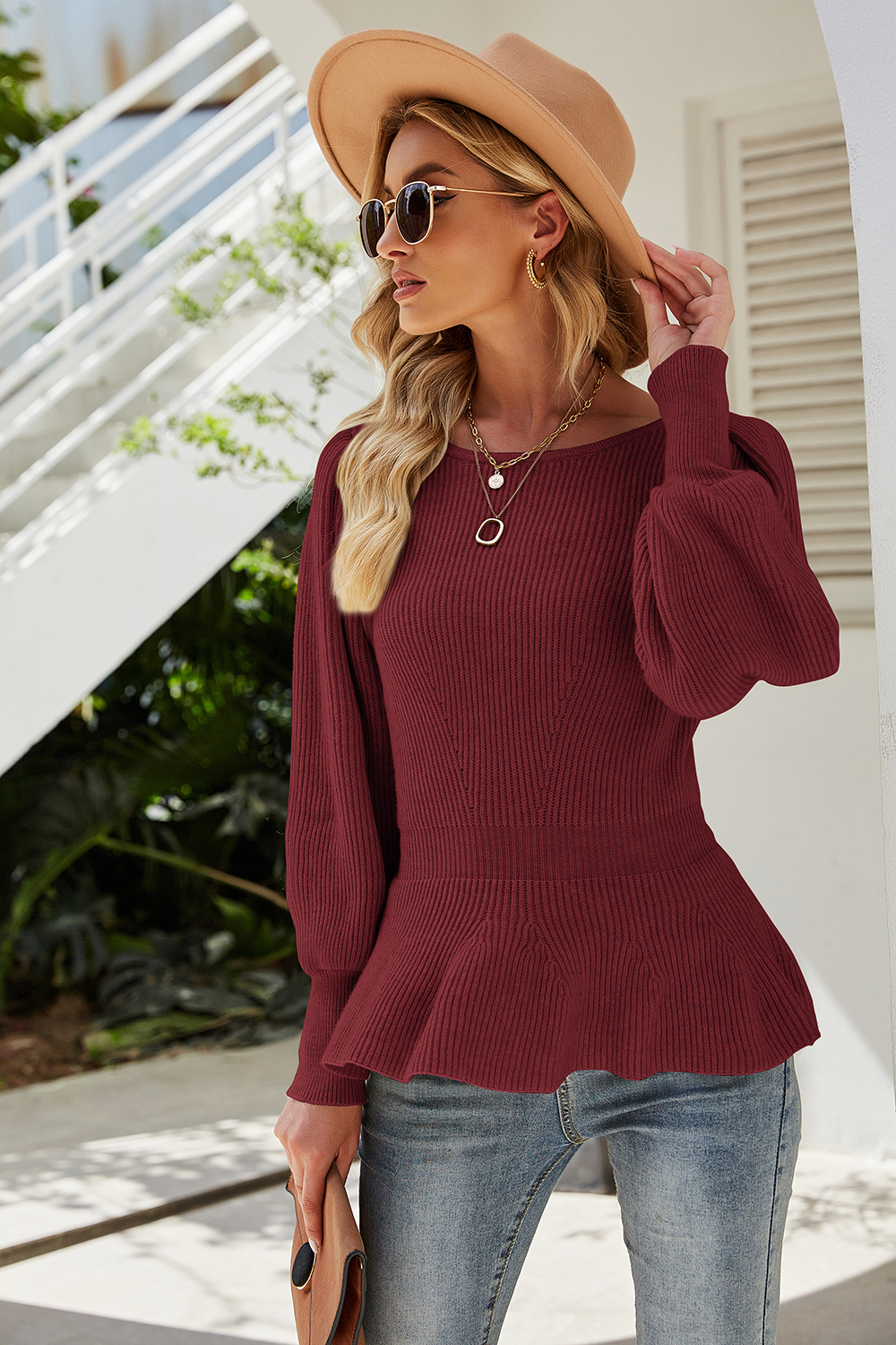 Round-Neck Solid Color Lantern Long-Sleeve Slim-Fit Casual Sweater