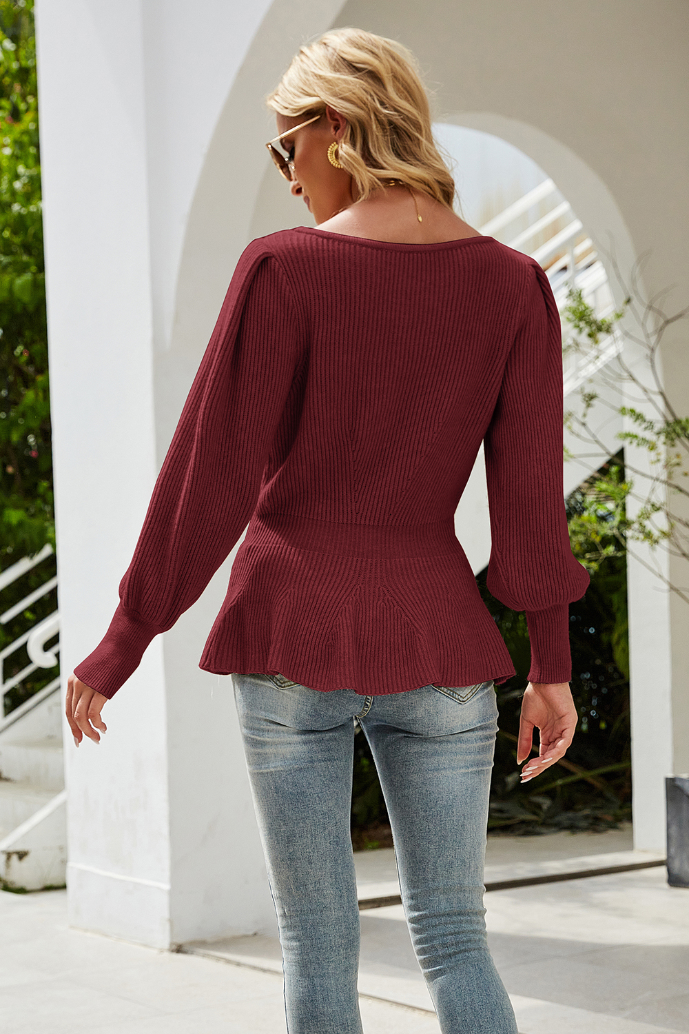 Round-Neck Solid Color Lantern Long-Sleeve Slim-Fit Casual Sweater