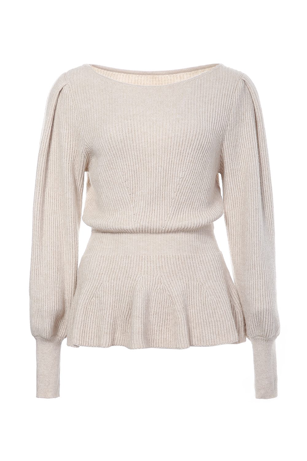 Round-Neck Solid Color Lantern Long-Sleeve Slim-Fit Casual Sweater