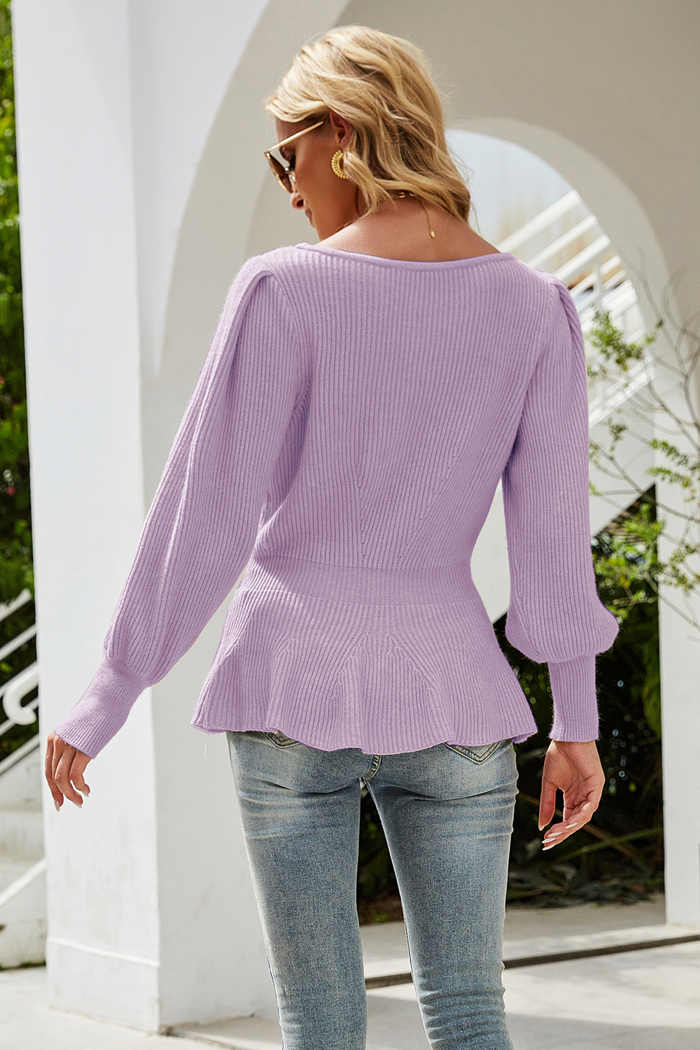 Round-Neck Solid Color Lantern Long-Sleeve Slim-Fit Casual Sweater