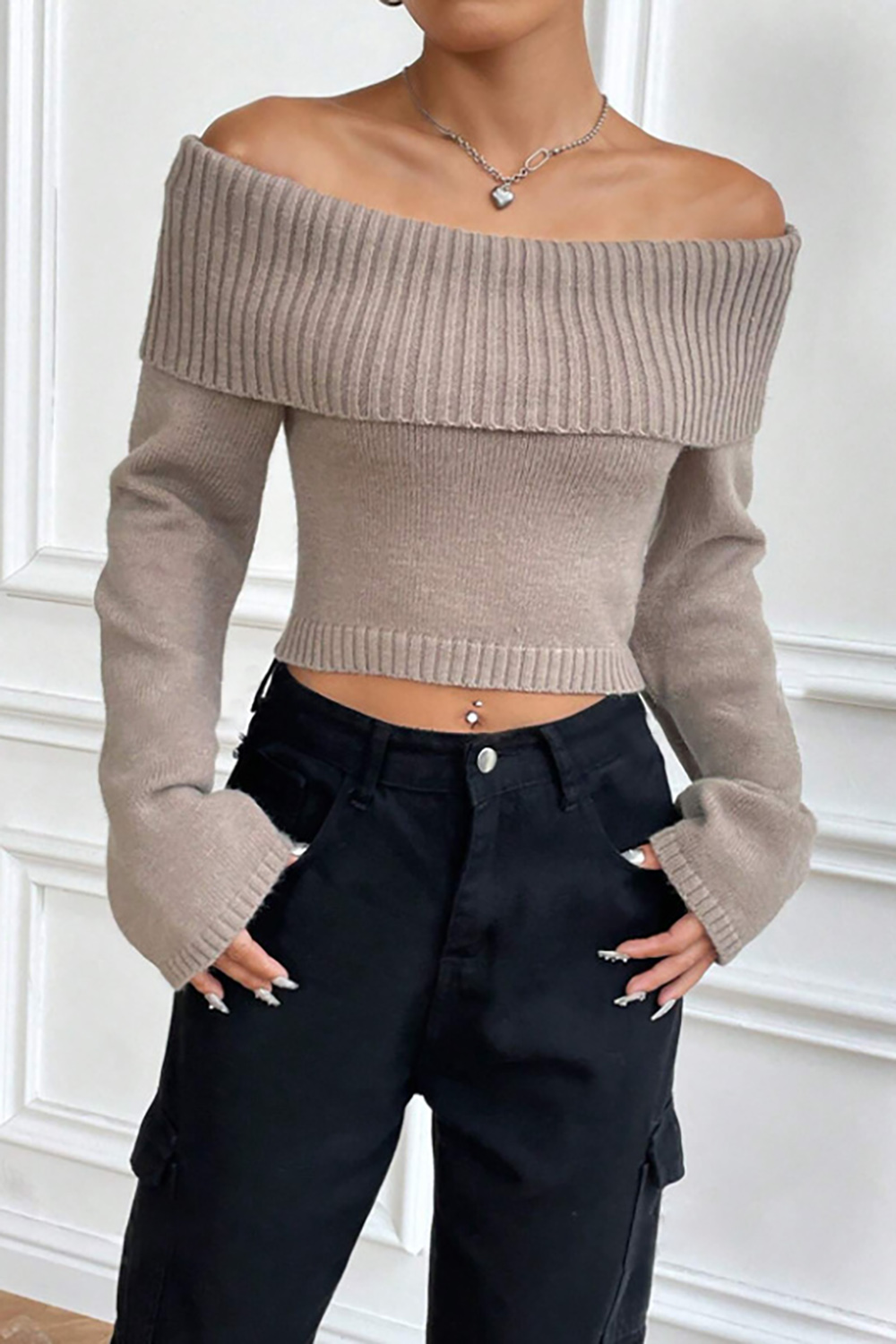 Flared Long Sleeve Off-Shoulder Ribbed Loose-Fit Elegant Sweater