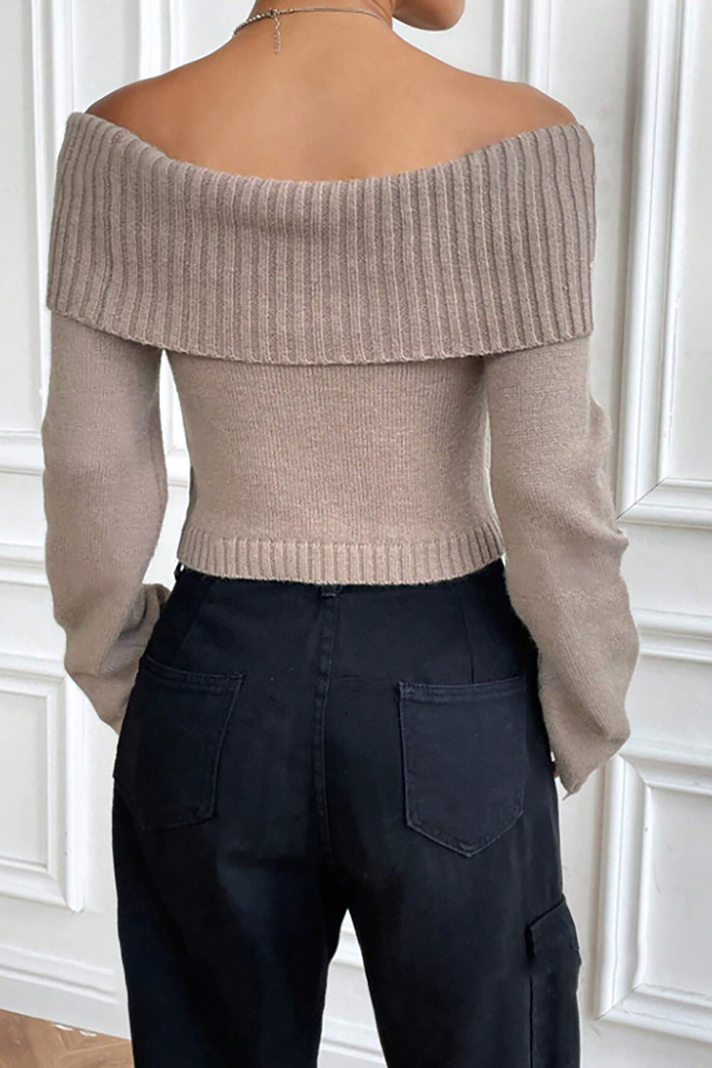Flared Long Sleeve Off-Shoulder Ribbed Loose-Fit Elegant Sweater