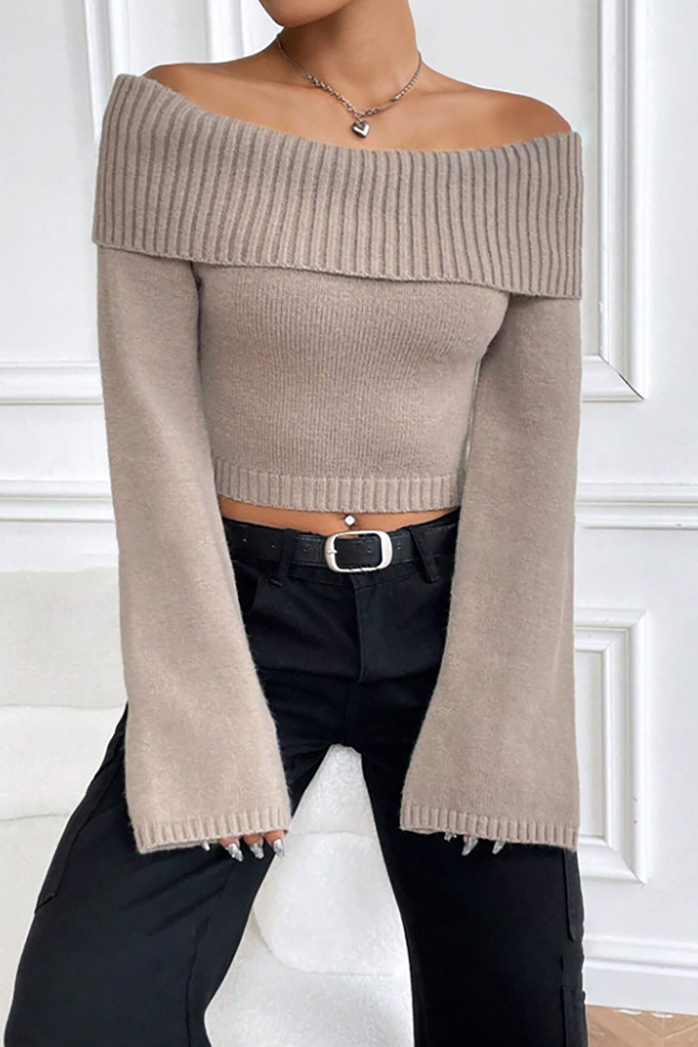 Flared Long Sleeve Off-Shoulder Ribbed Loose-Fit Elegant Sweater