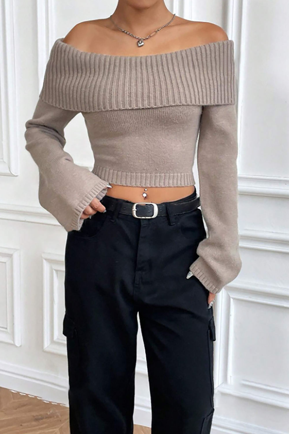 Flared Long Sleeve Off-Shoulder Ribbed Loose-Fit Elegant Sweater
