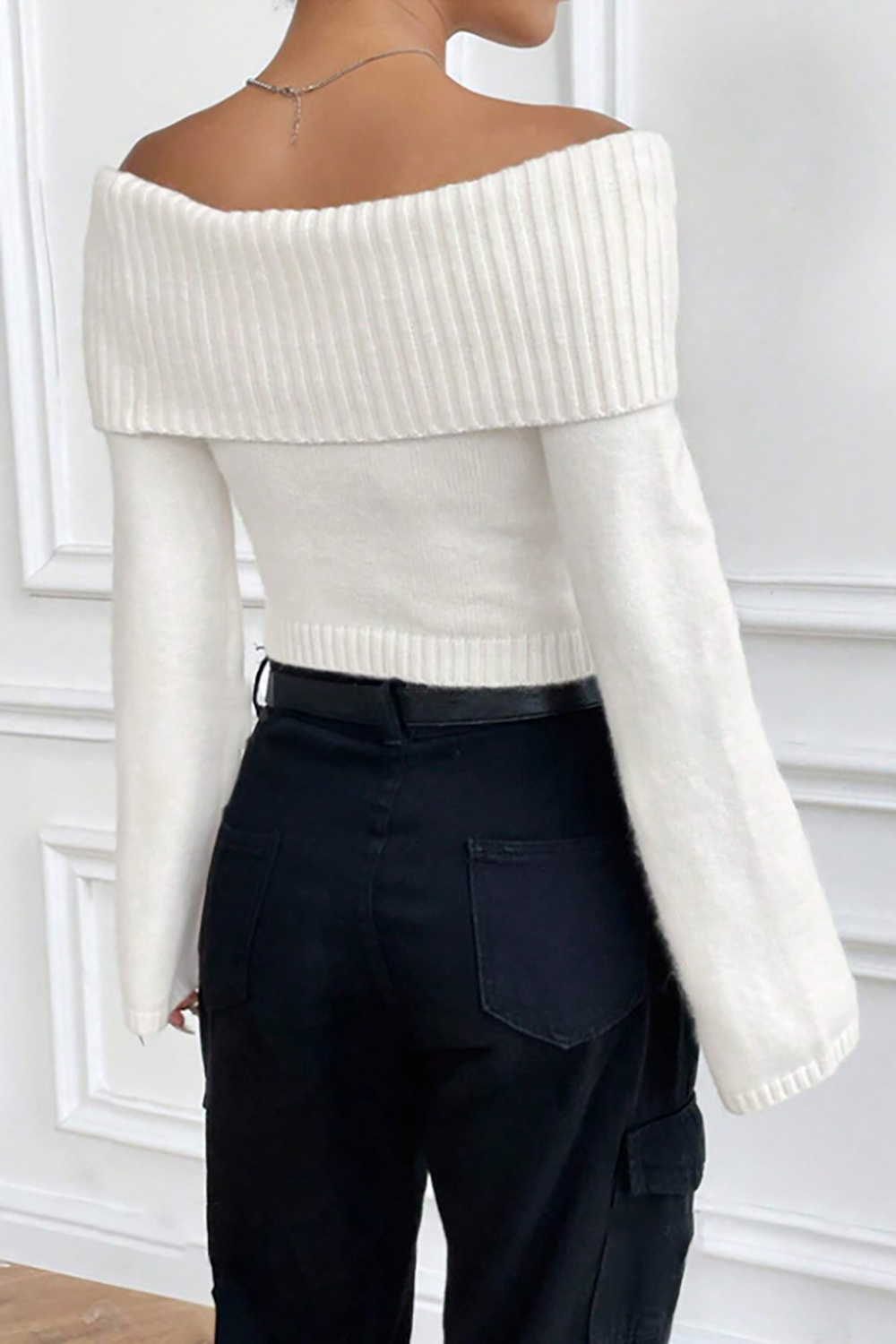 Flared Long Sleeve Off-Shoulder Ribbed Loose-Fit Elegant Sweater