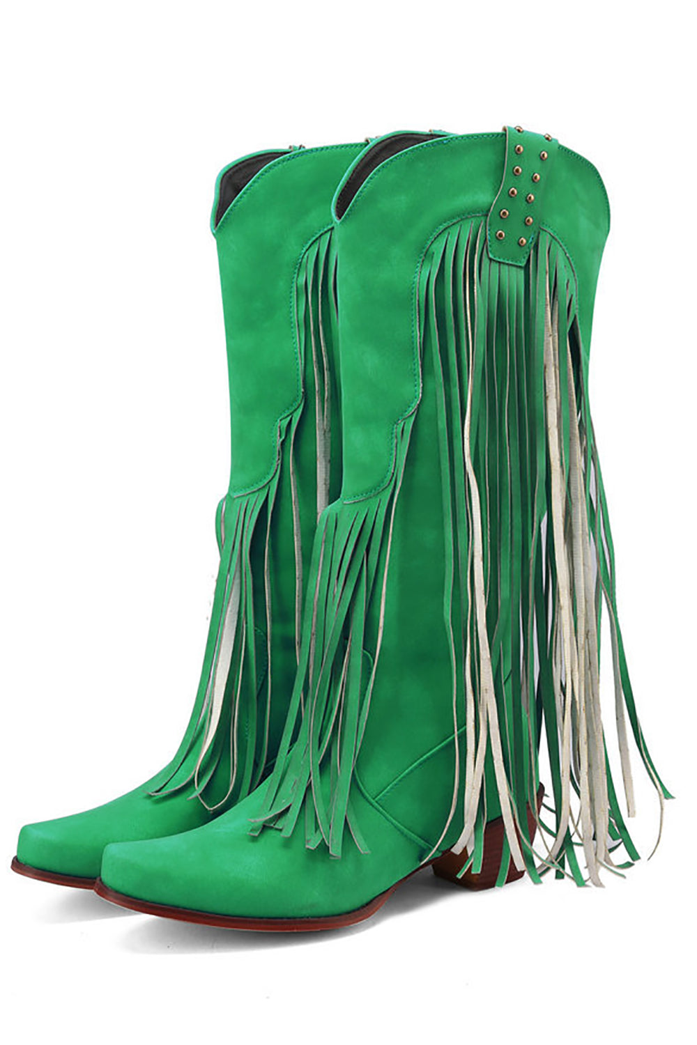 Blue Vintage Mid Heel High Boots with Tassels