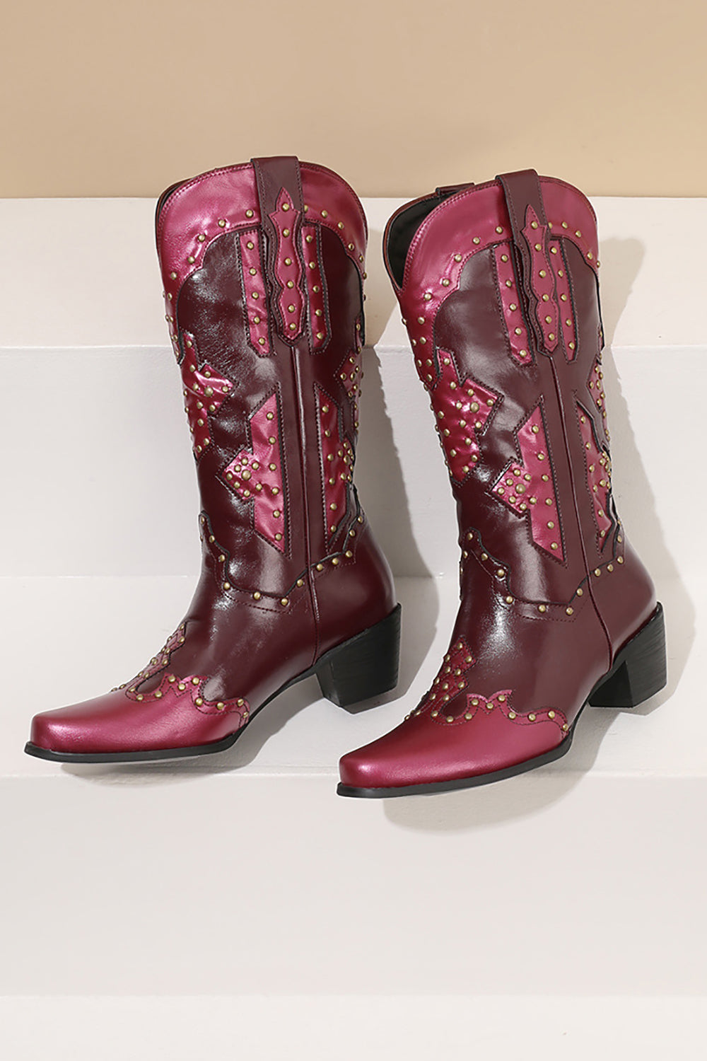 Blue Rivet Colorblock Thick Heel High Boots