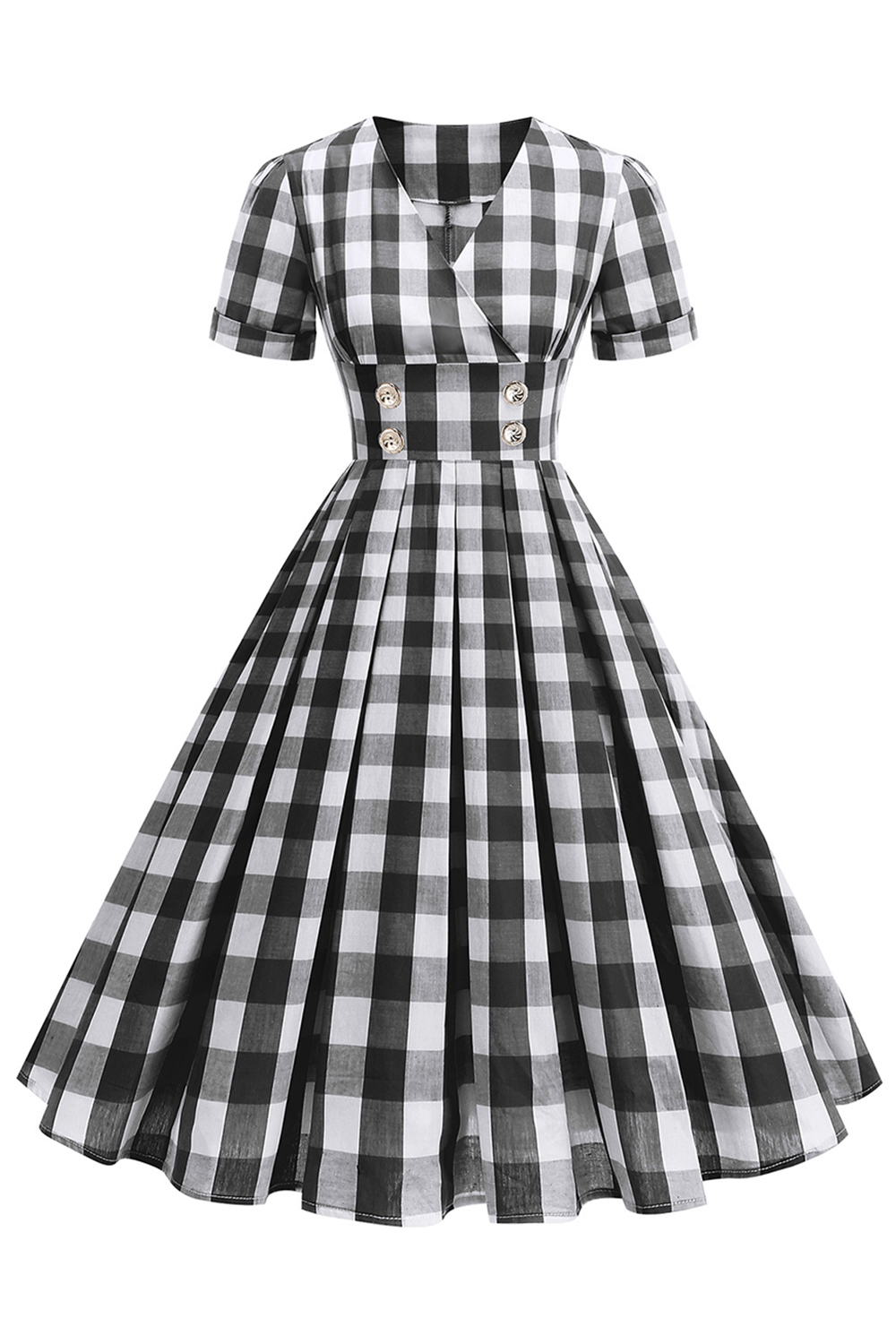 Elegant High-Waisted A-Line Black Checkered V-Neck Vintage Dress